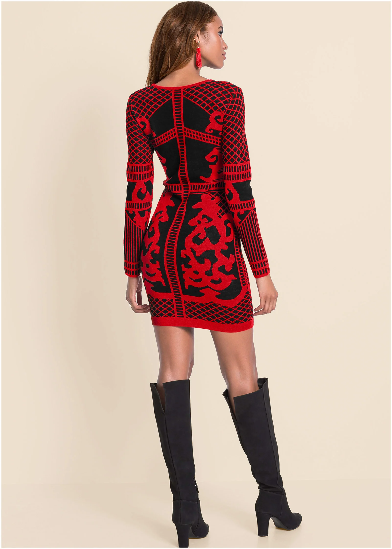 Printed sweater dress - Black & Red