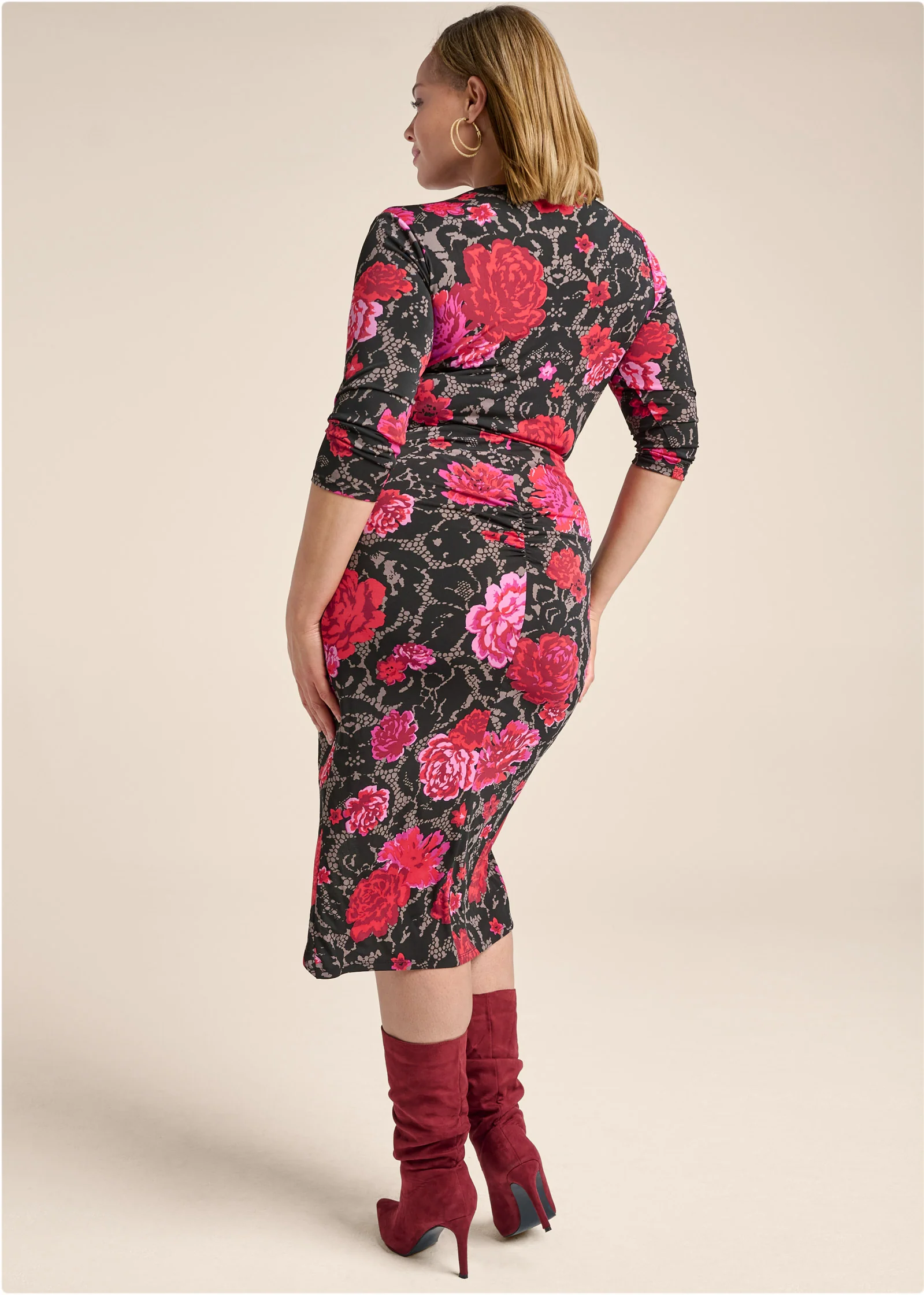 Ruched bodycon midi dress - Red Multi