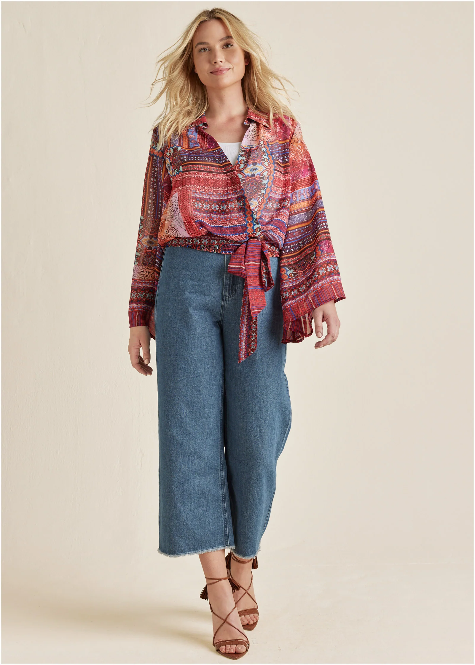 Printed tie-front top - Burnt Orange