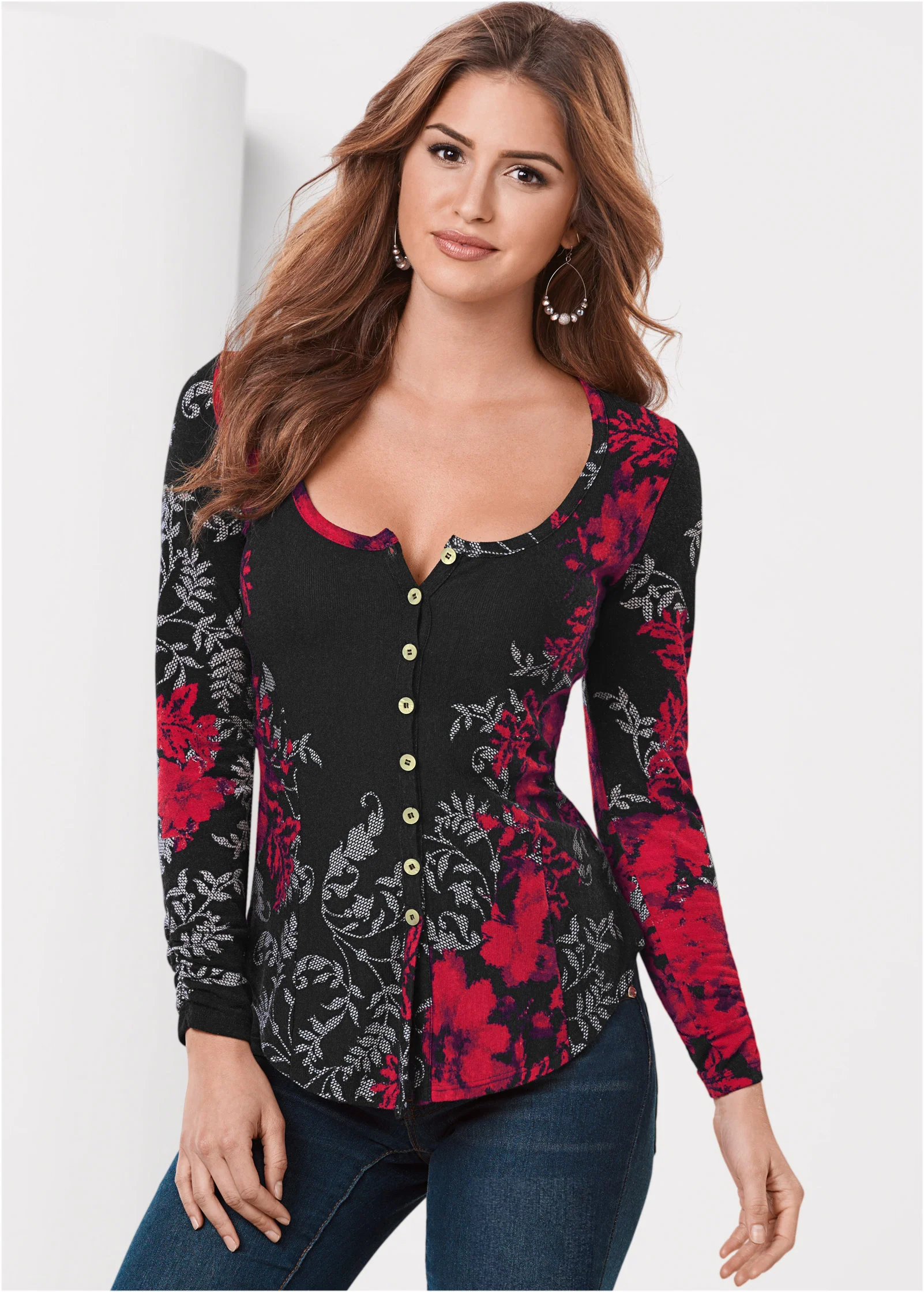 Floral print button down - Red Multi