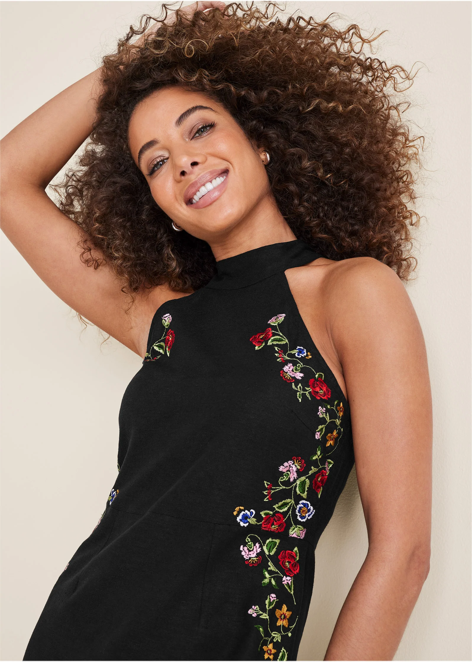 Cotton linen floral dress - Black