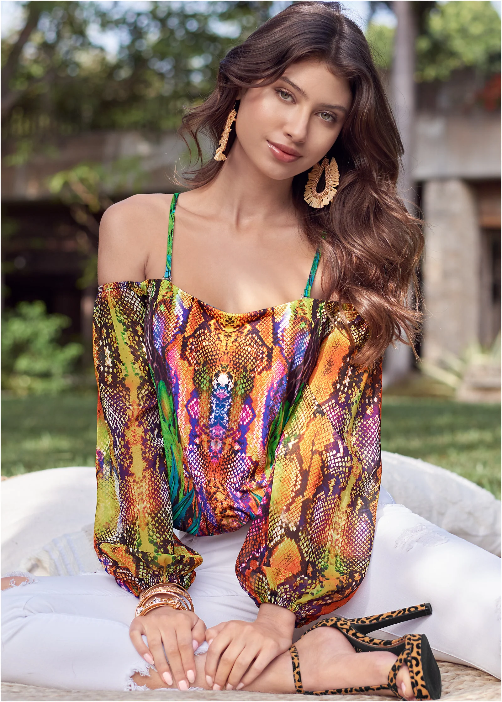 Printed cold-shoulder top - Teal Multi