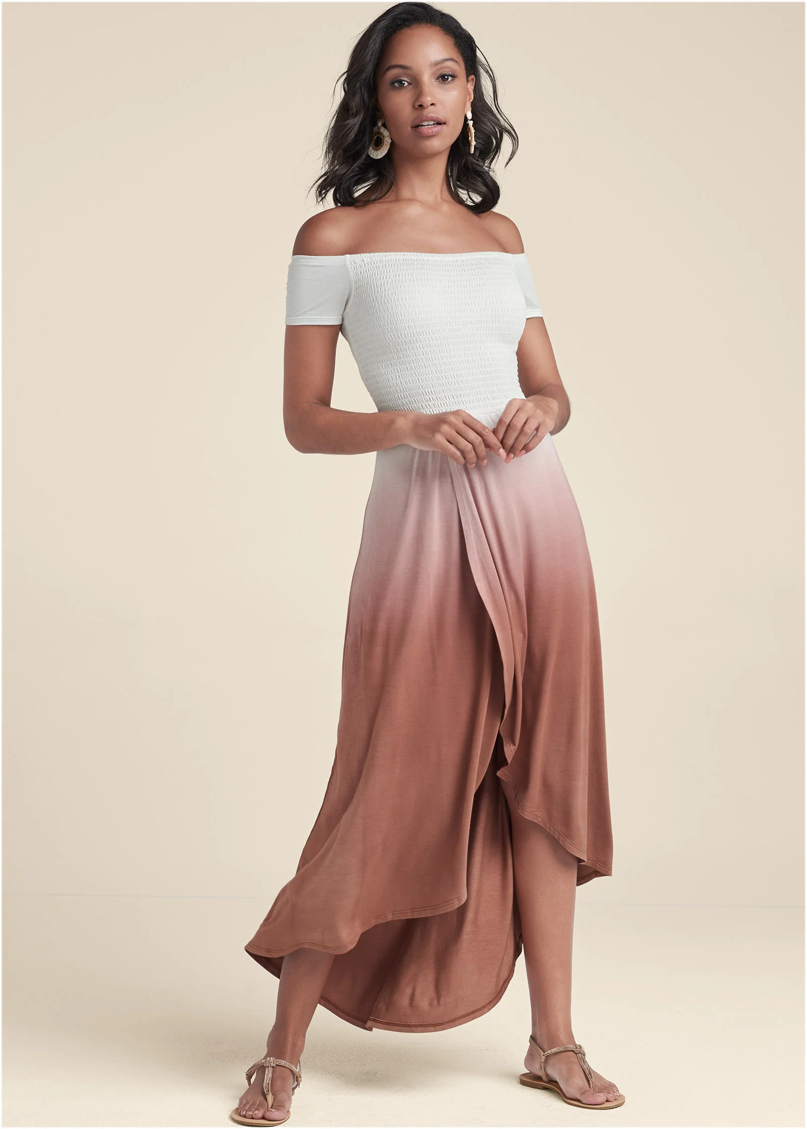 Off-the-shoulder ombre dress - Brown Multi