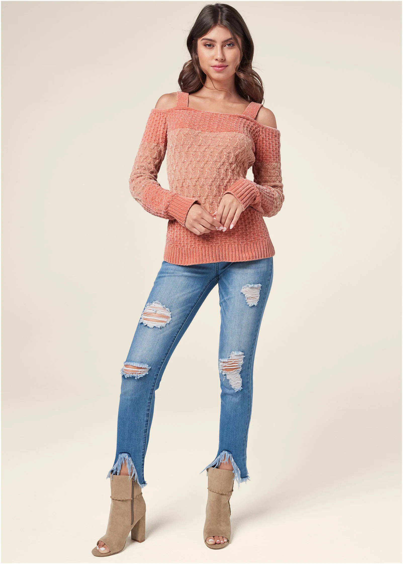 Chenille cold shoulder sweater - Pink Multi