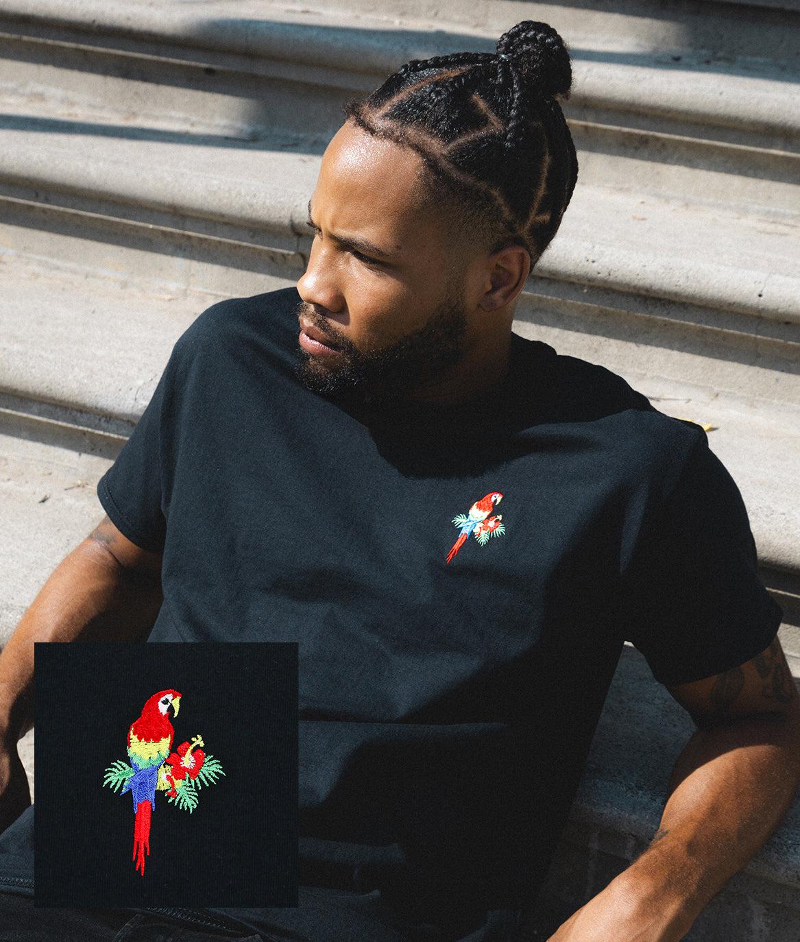 Tropical Parrot Embroidered Mens T-Shirt