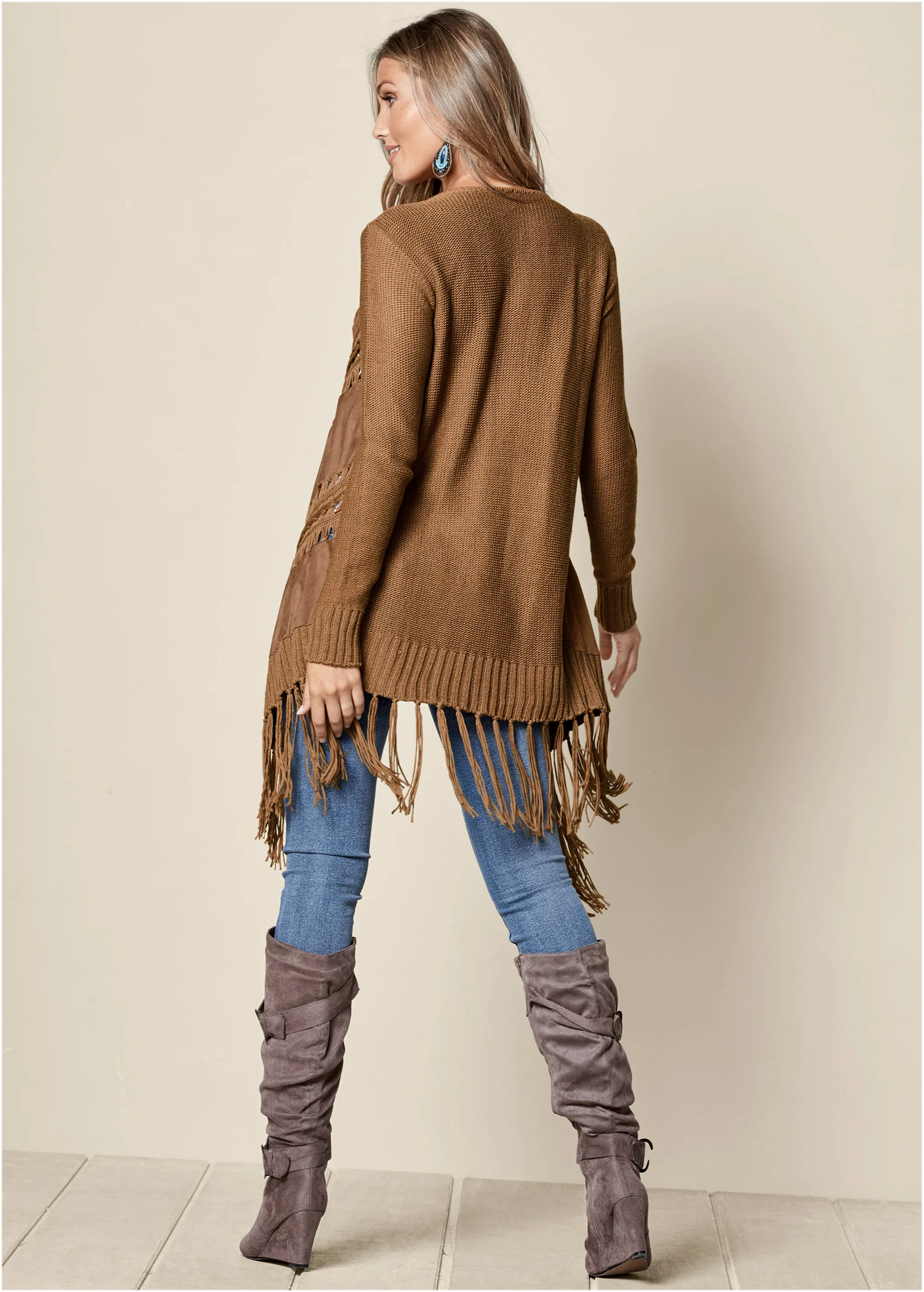 Faux-suede fringe cardigan - Brown