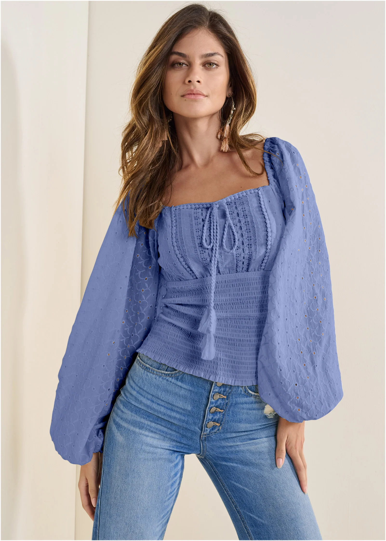 Smocked eyelet tassel top - Light Blue