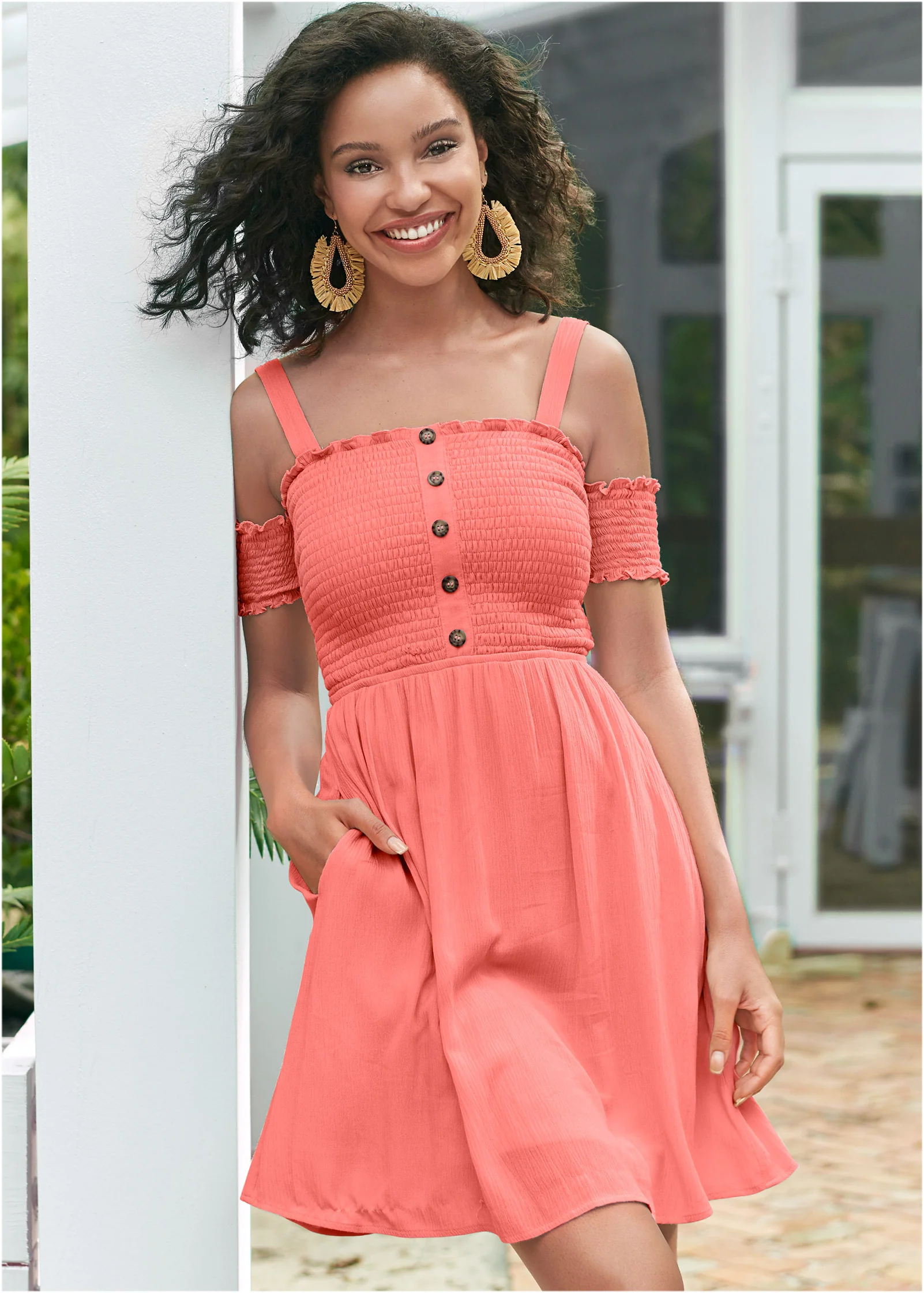 Smocked A-line mini dress - Coral