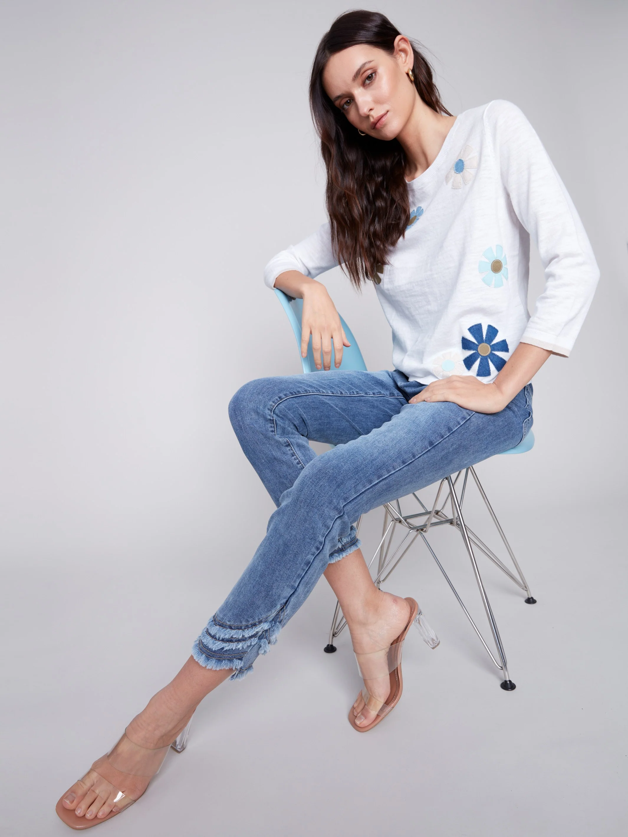 Sweater with Flower Patches - White