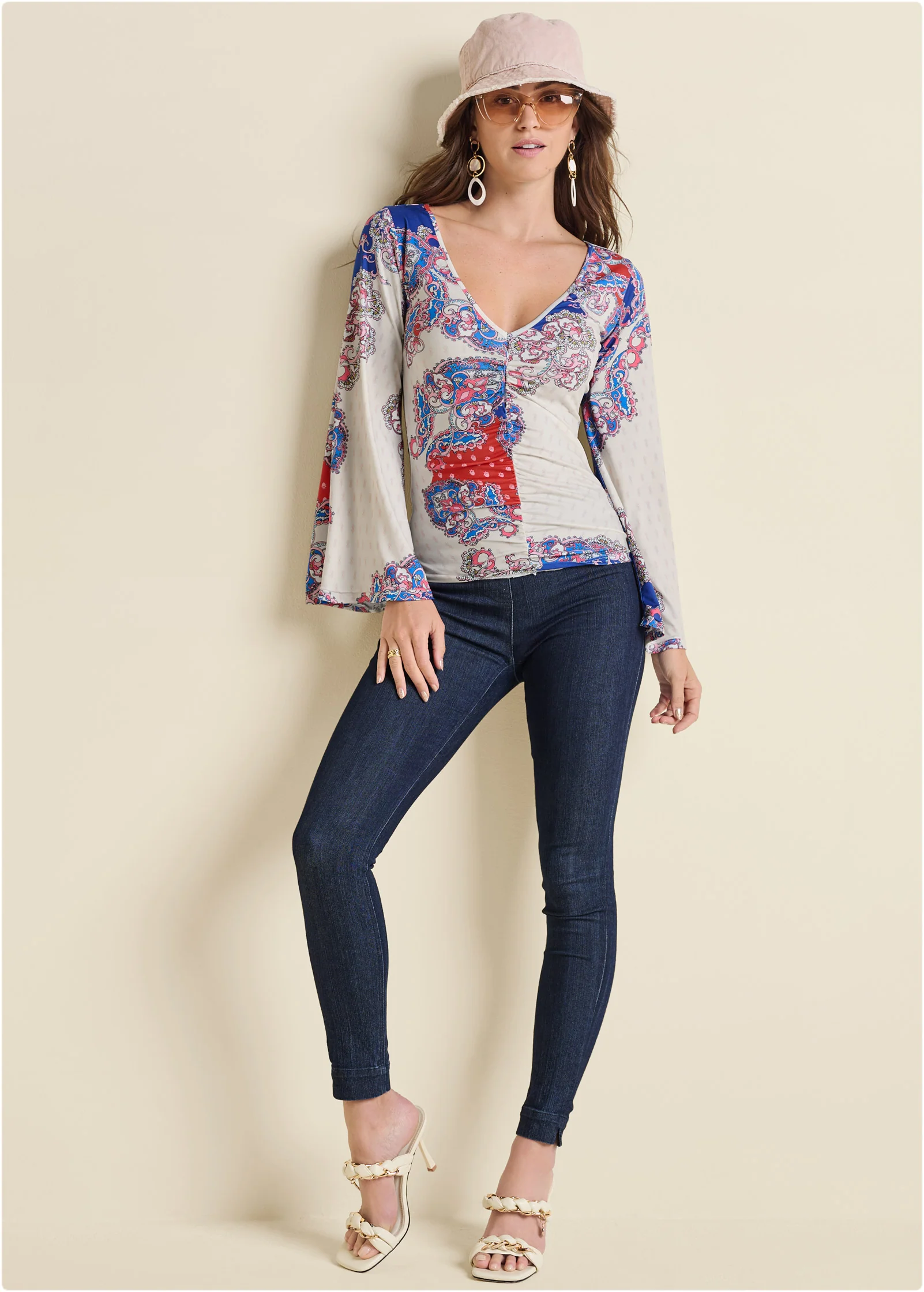 Ruched printed top - Red Multi