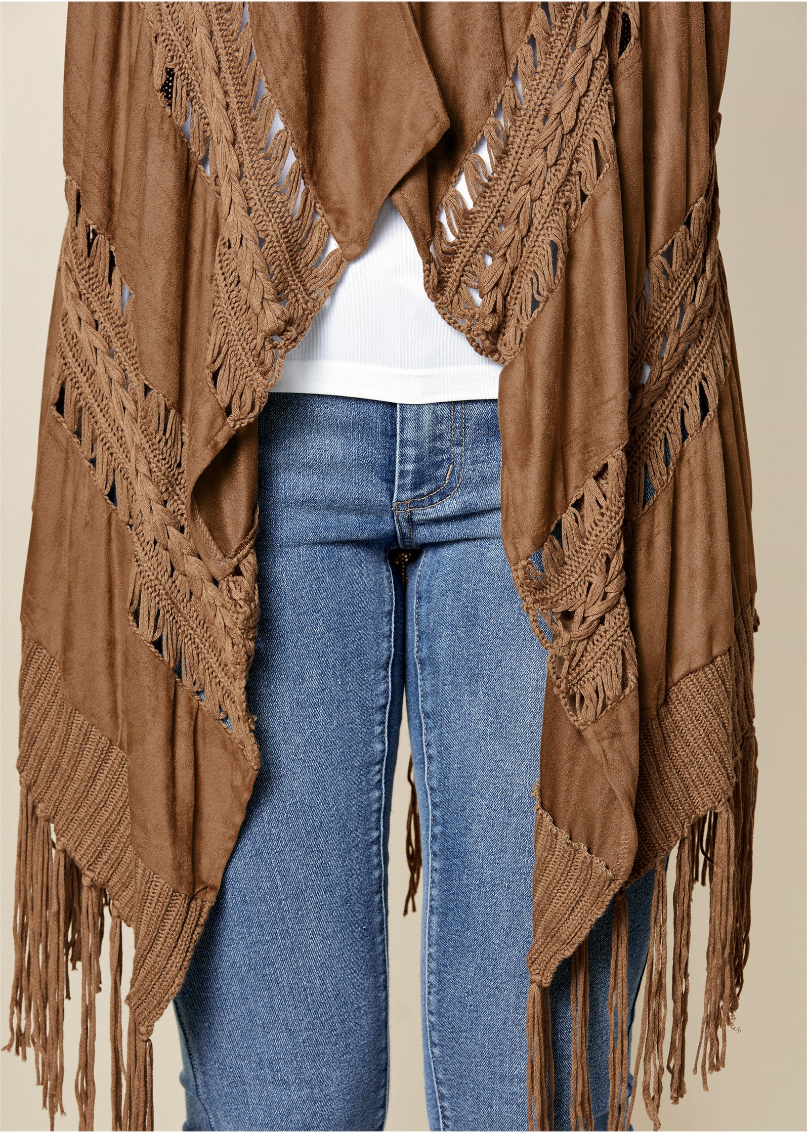 Faux-suede fringe cardigan - Brown