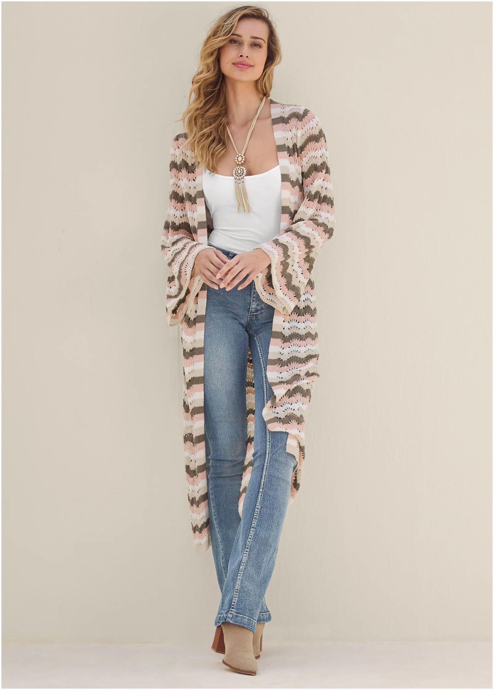 Pointelle striped duster - Off White Multi