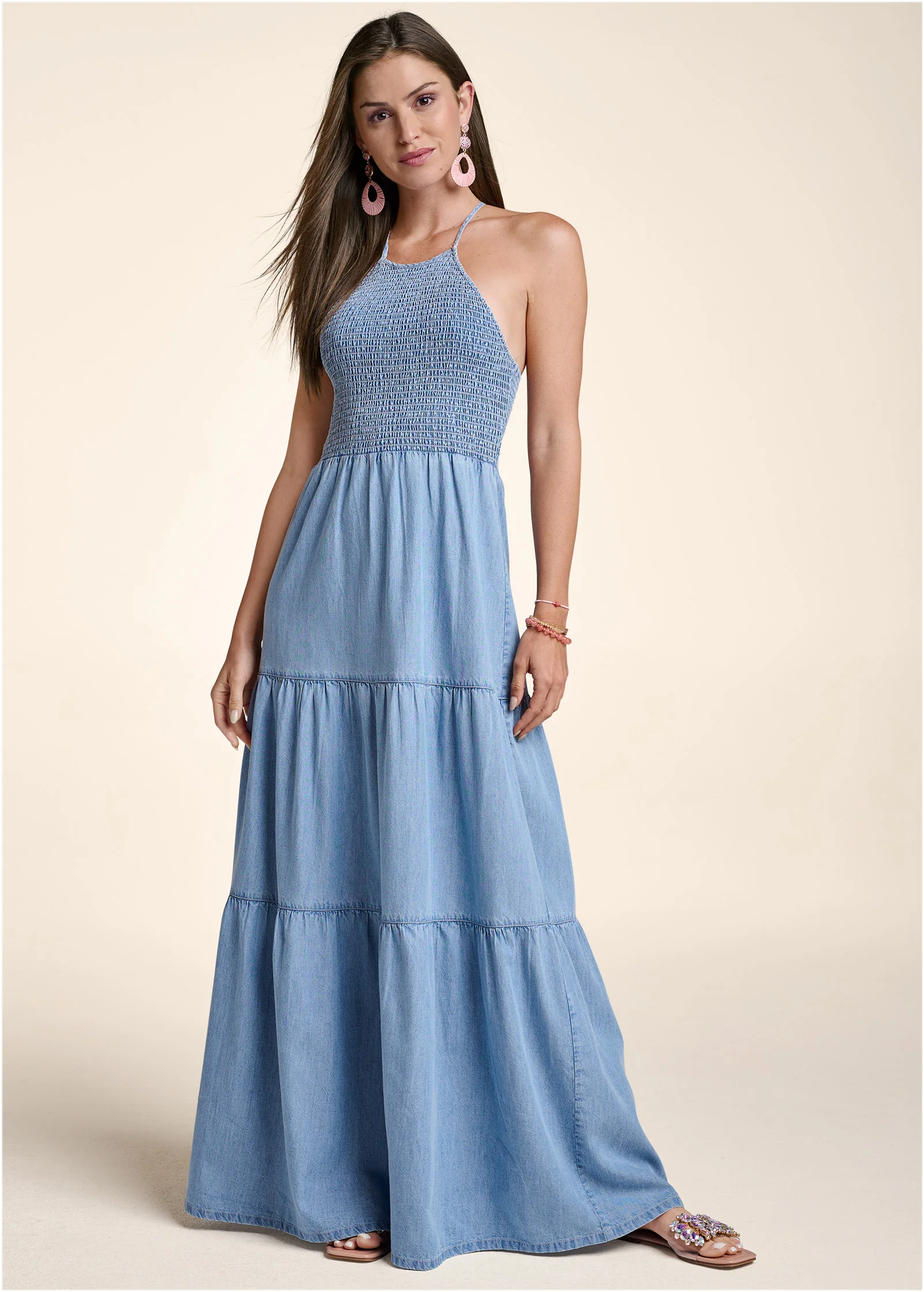 Smocked chambray dress - Light Wash