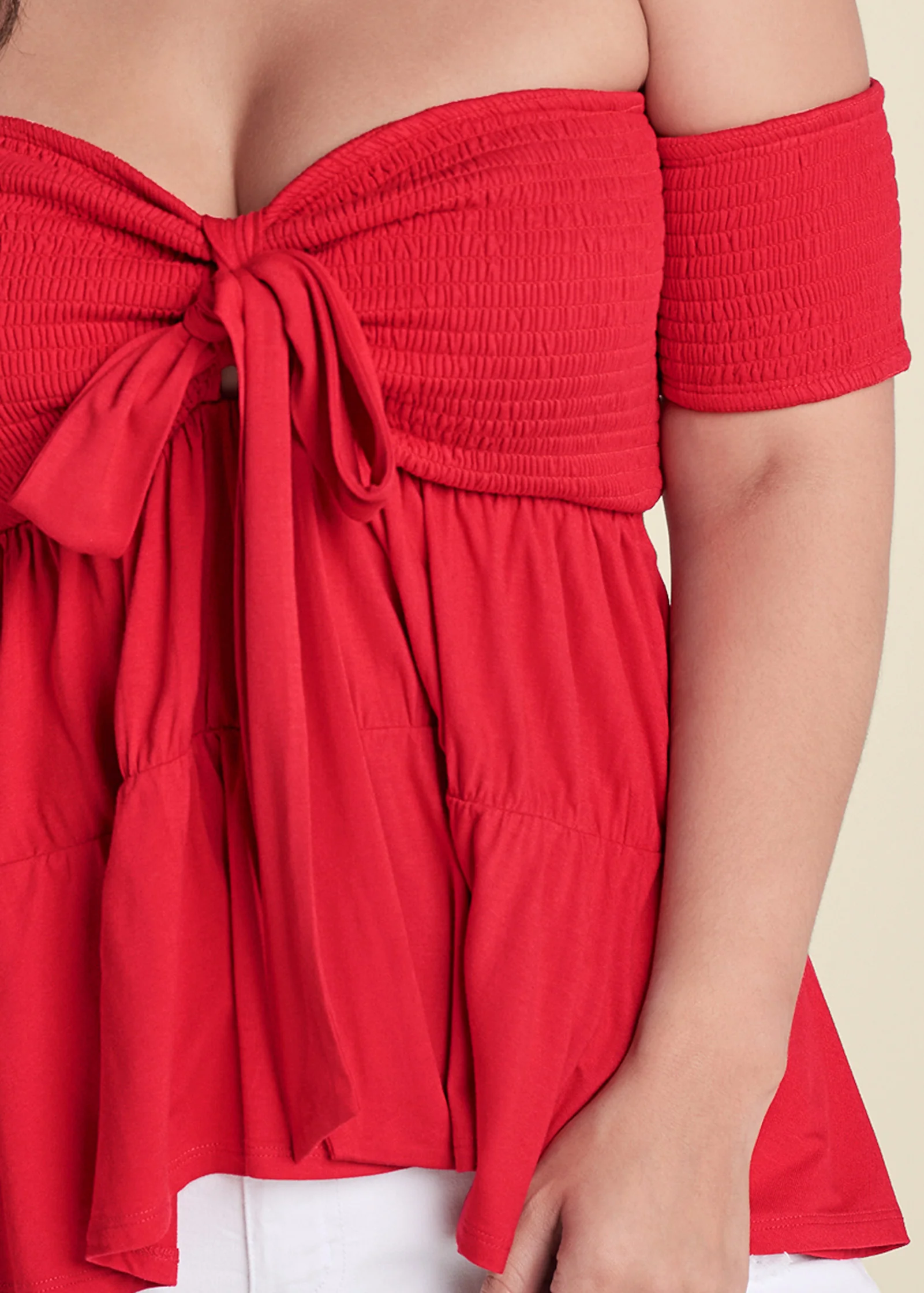 Tie front smocked top - Red