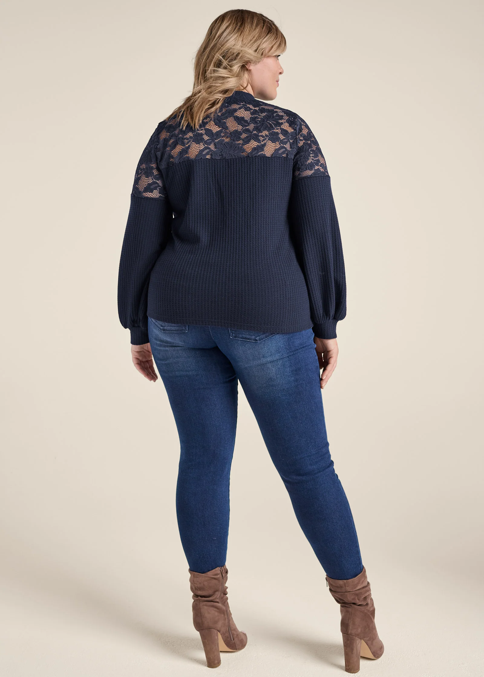 Waffle mock-neck lace top - Navy
