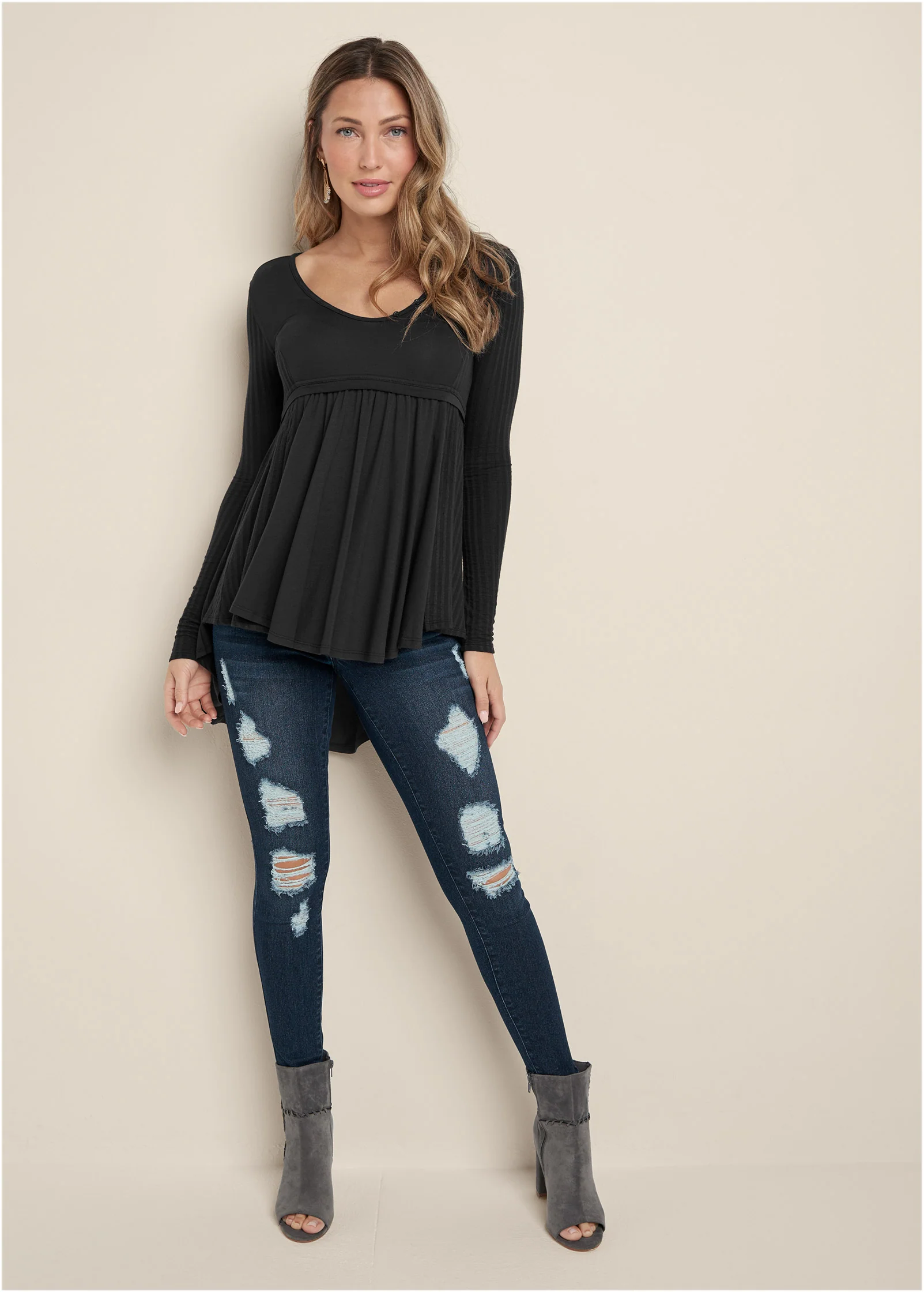 High low ribbed henley casual top - Black