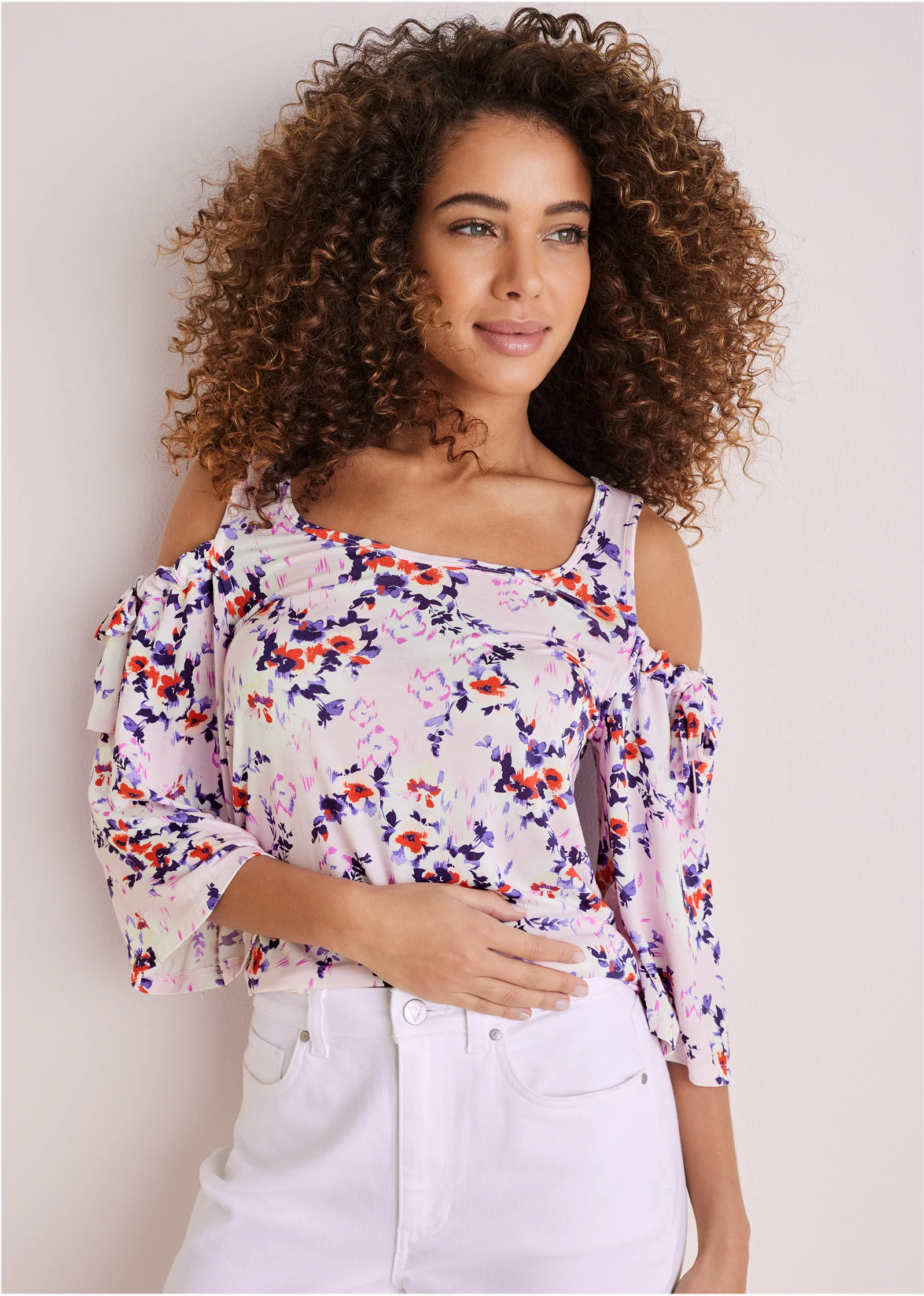 Printed cold-shoulder top - Pink & Purple