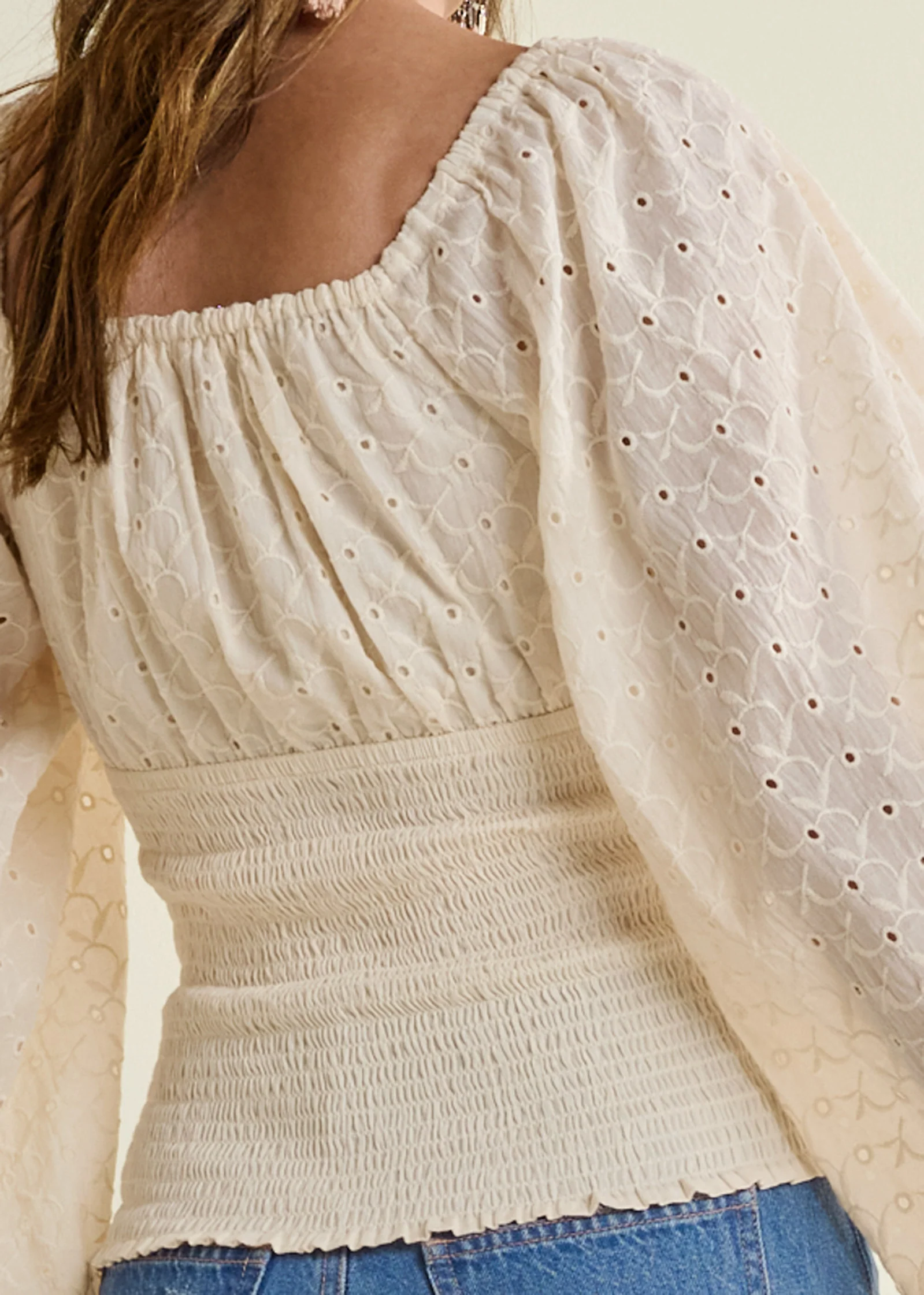 Smocked eyelet tassel top - Beige