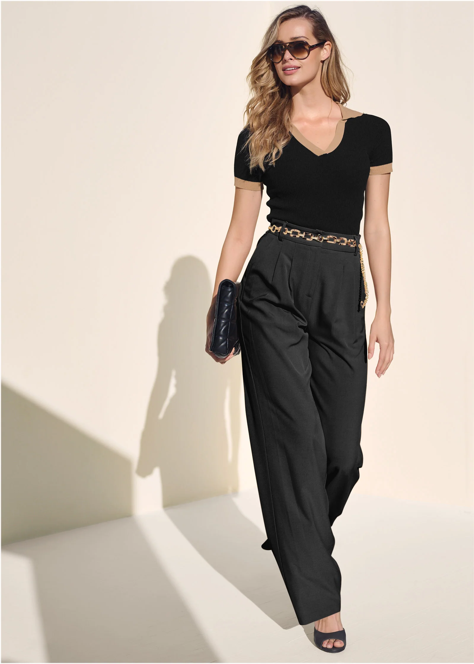 V-neck color block top  - Black Multi