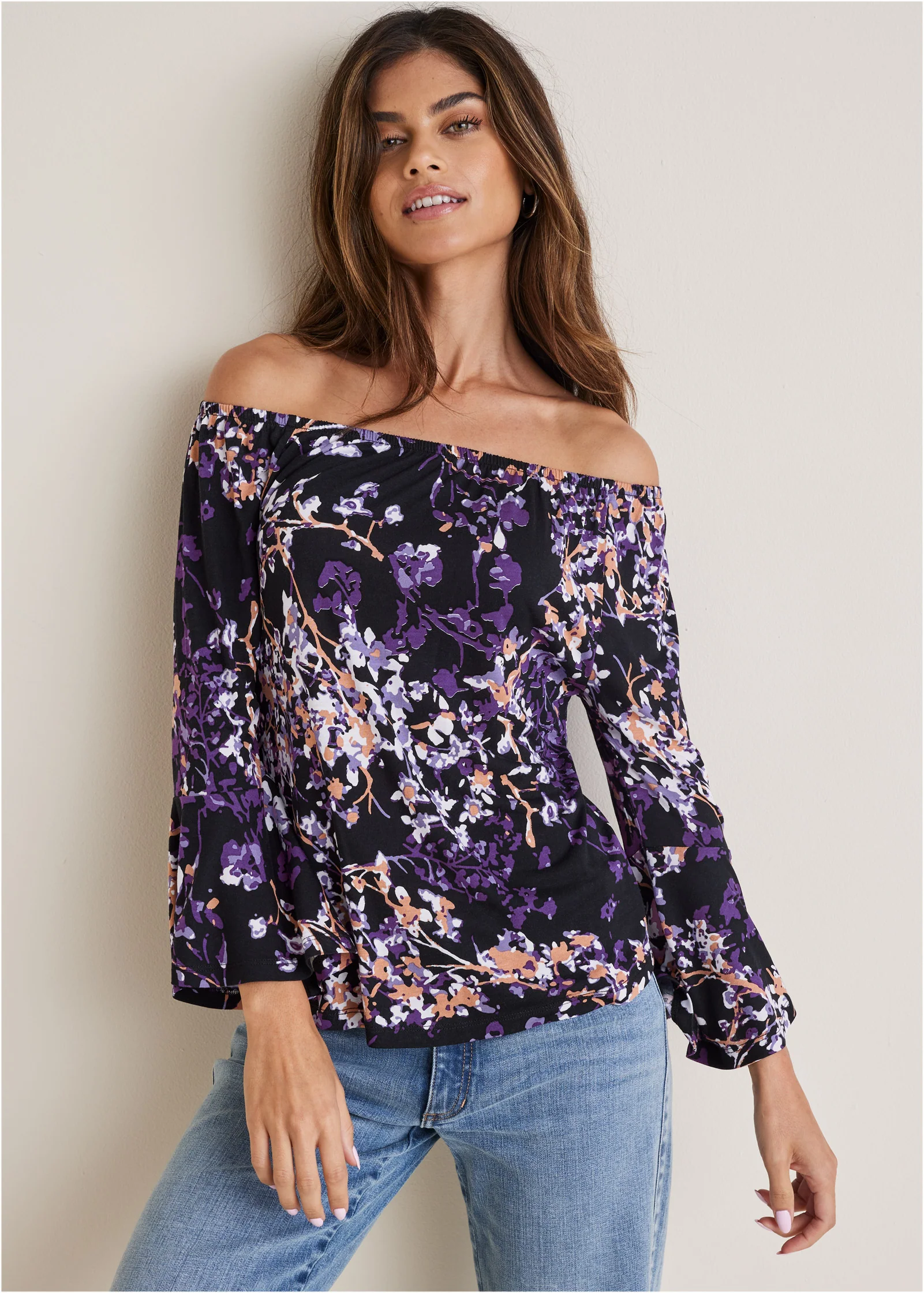 Bell sleeve printed top - Purple Multi