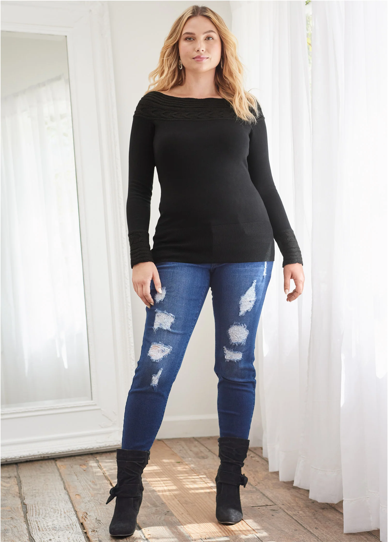 Cable detail tunic sweater - Black