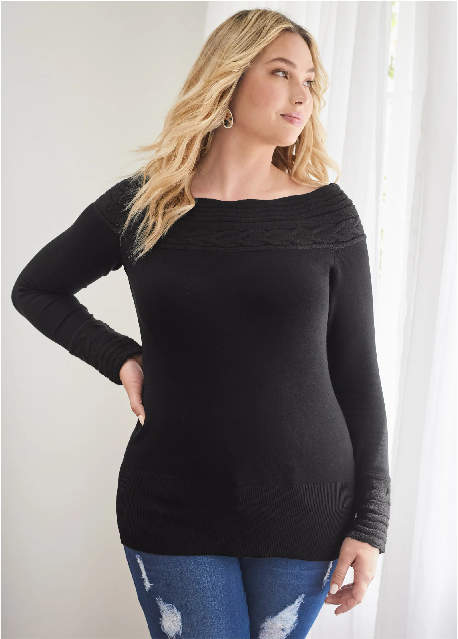 Cable detail tunic sweater - Black