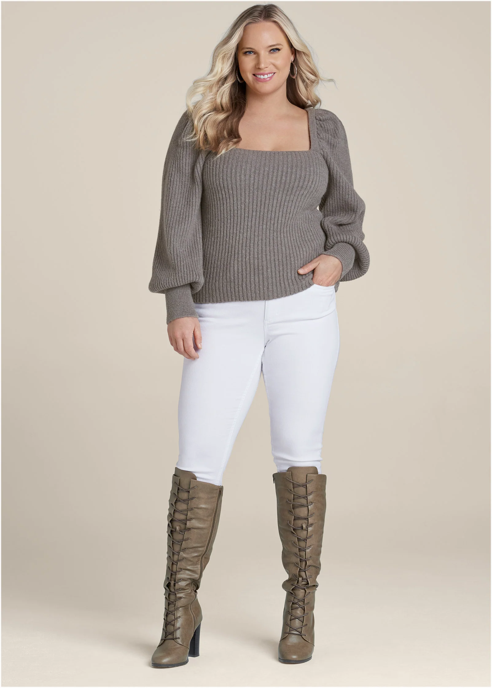 Square neck puff sleeve sweater - Dark Grey