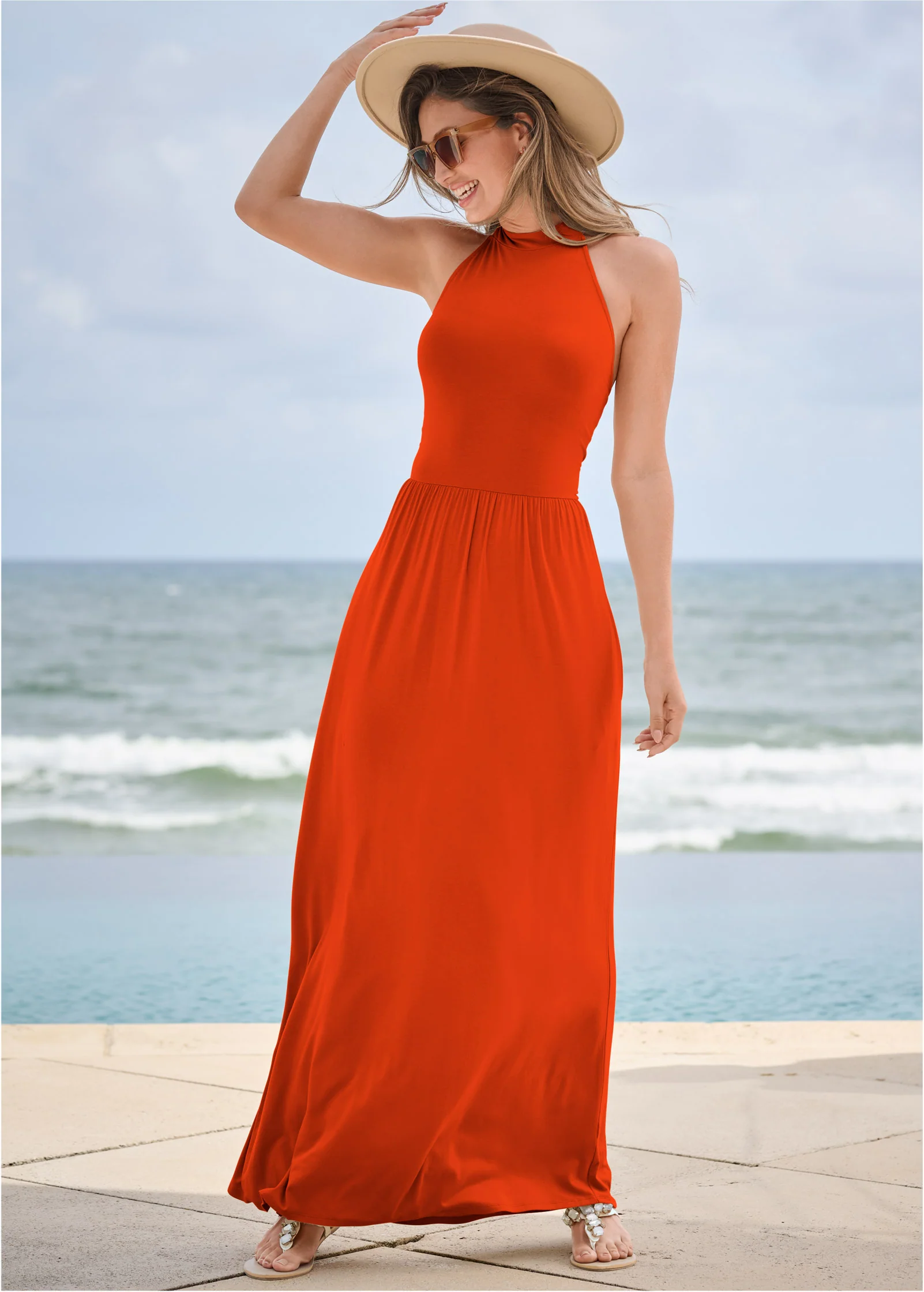 High Neck Maxi Dress - Tangerine Tango