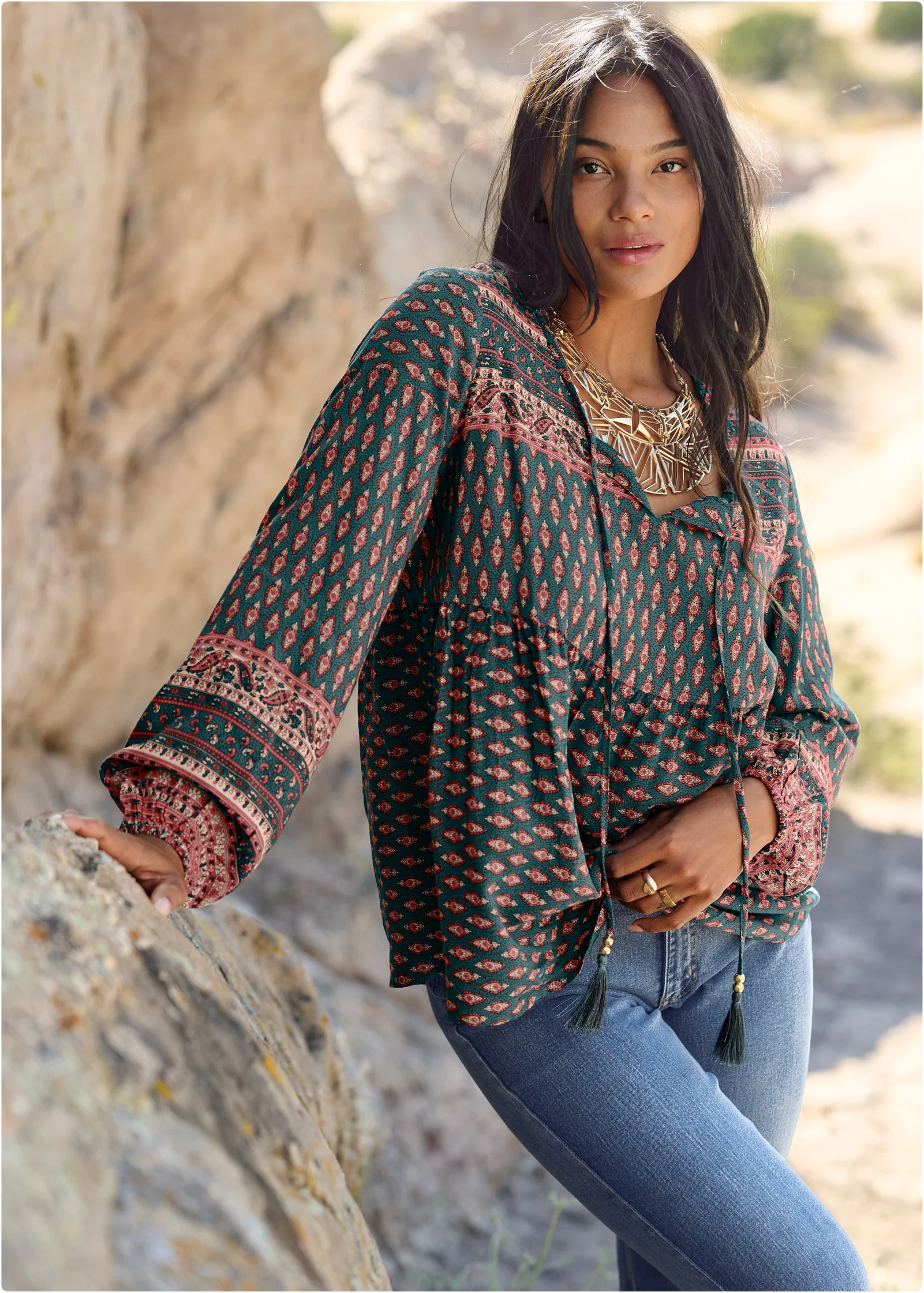 Boho printed top - Navy Multi