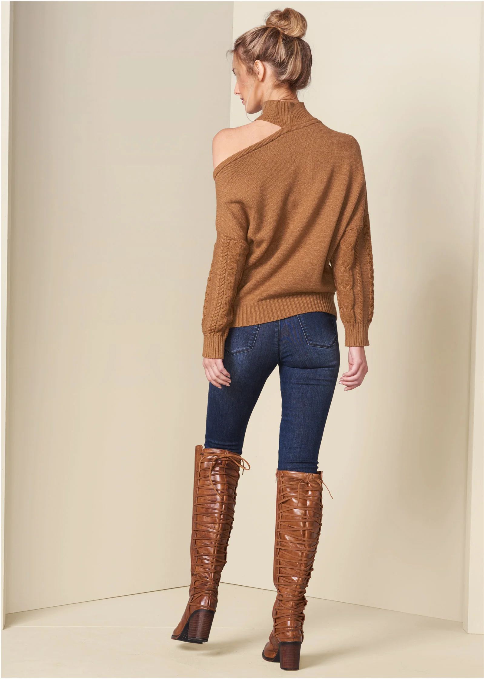 One-shoulder turtleneck sweater - Brown