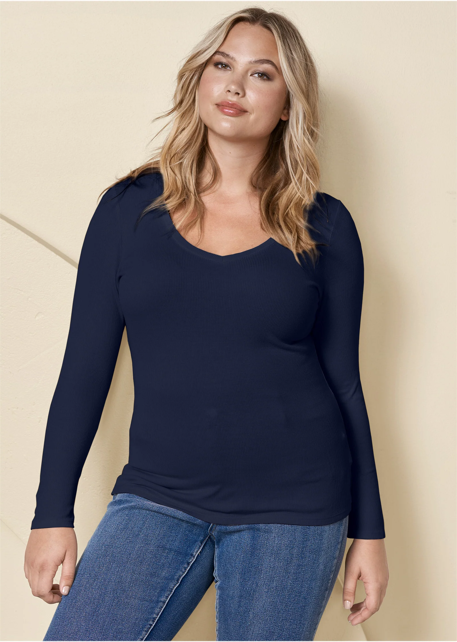 Ribbed V-neck top - Navy