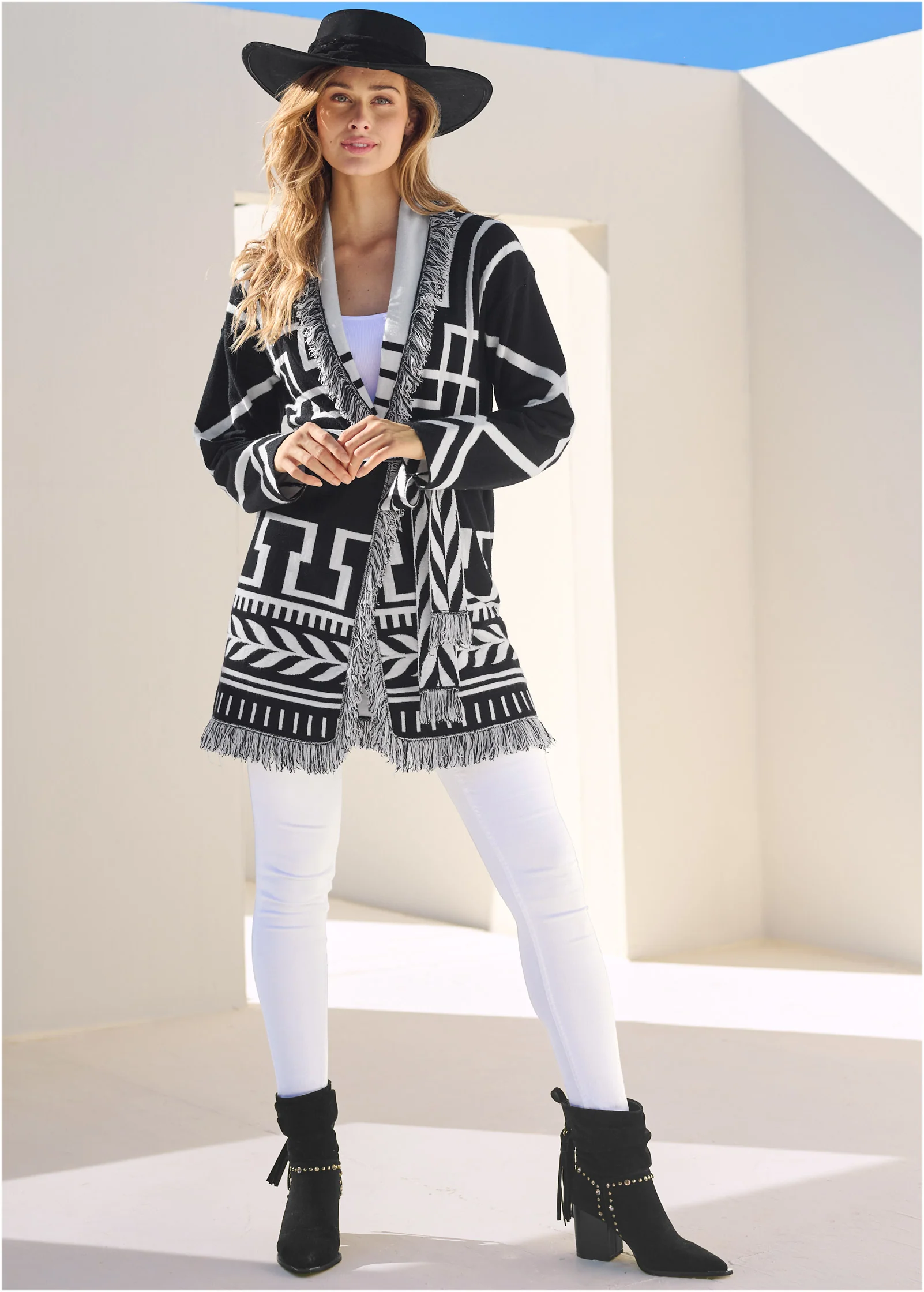 Fringe belted cardigan  - Black & White