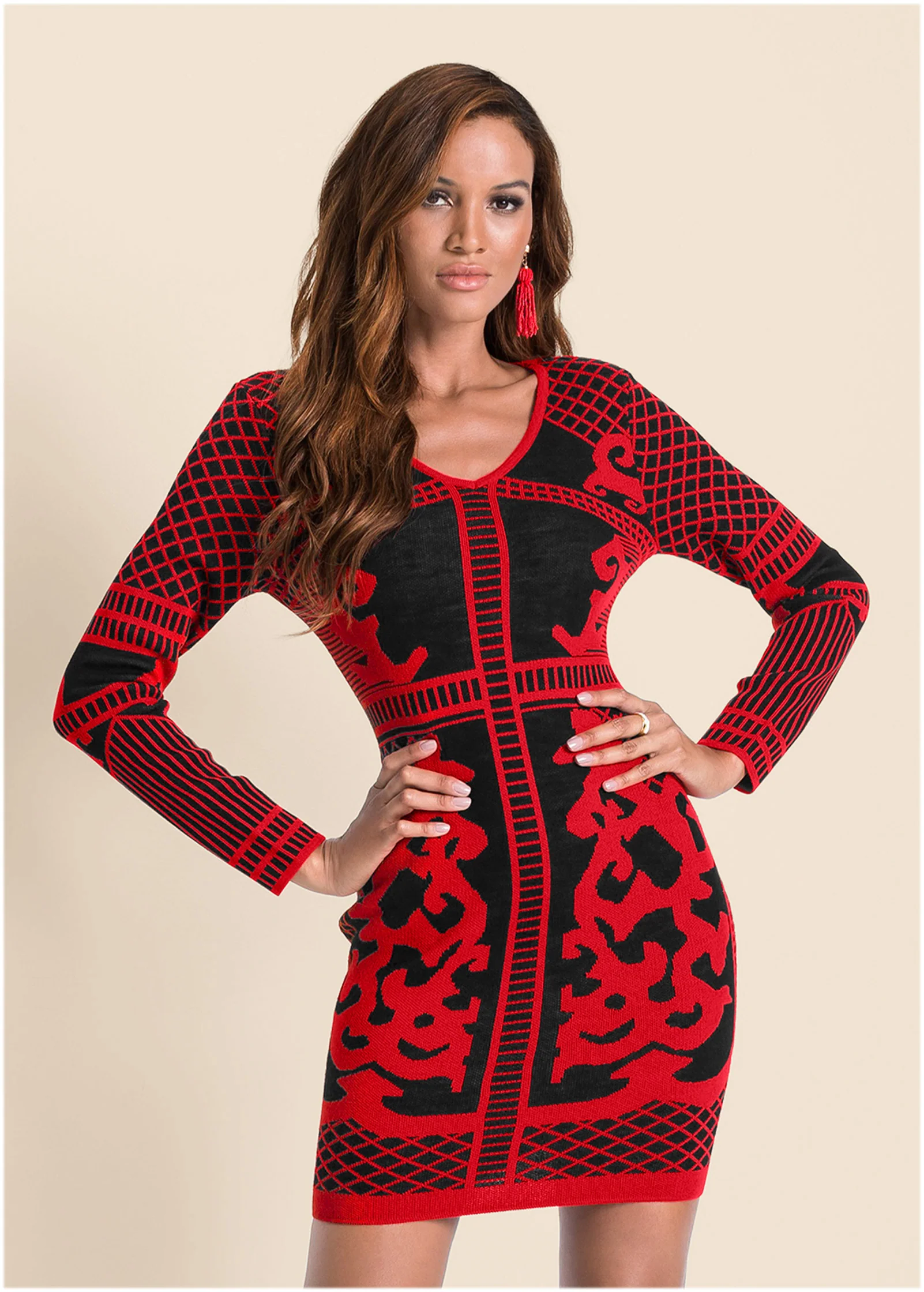 Printed sweater dress - Black & Red