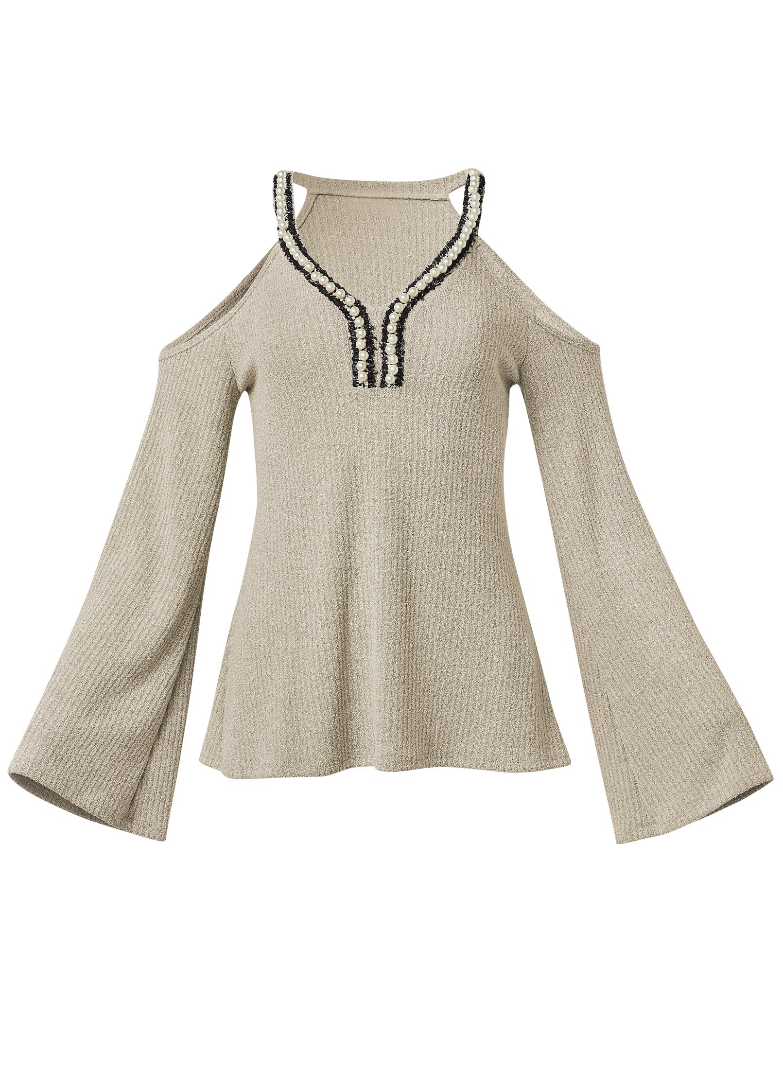 Pearl trim bell sleeve top - Grey