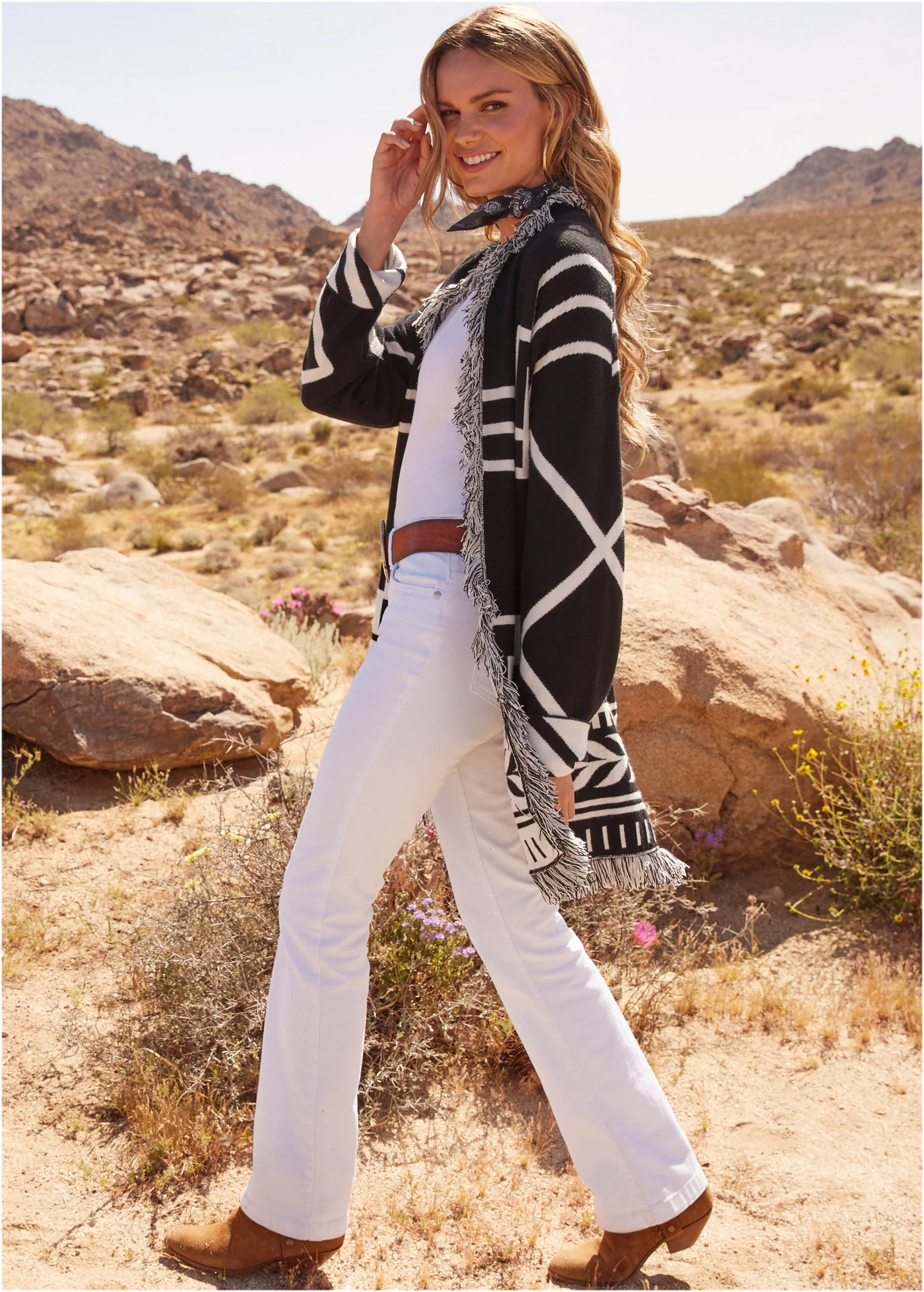 Fringe belted cardigan  - Black & White