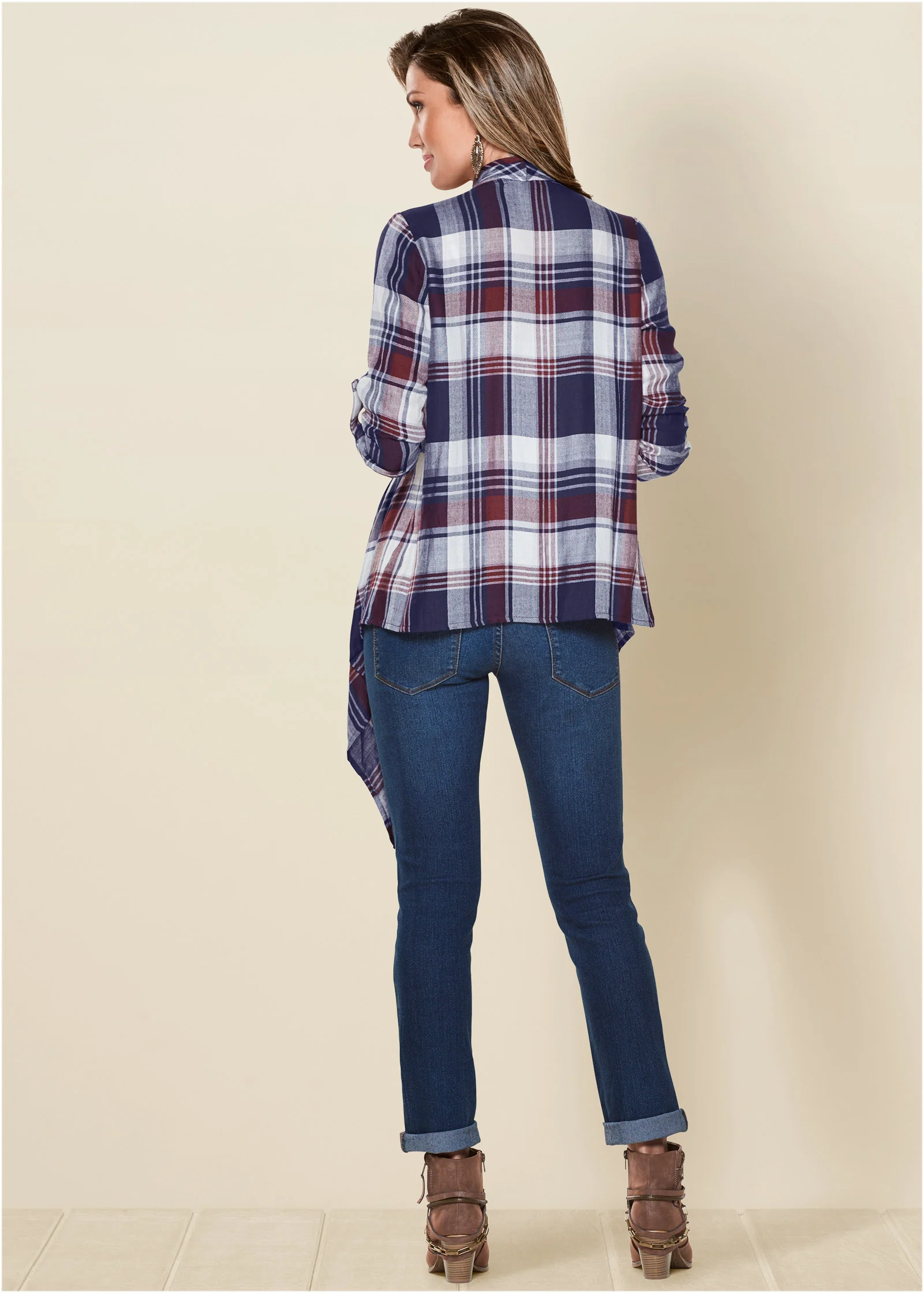 Plaid and fringe cardigan - Navy Multi