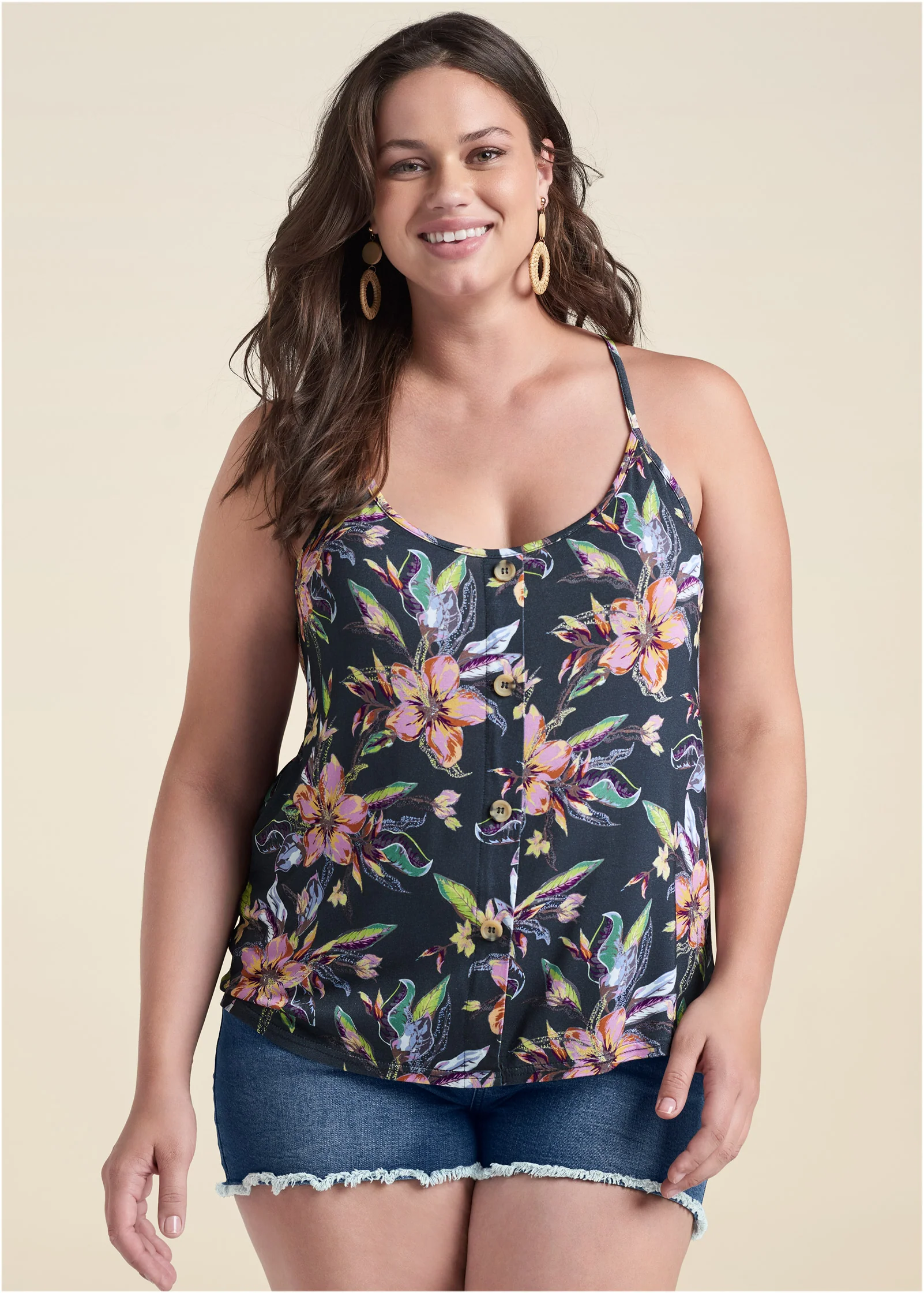 Button detail floral tank - Black Multi