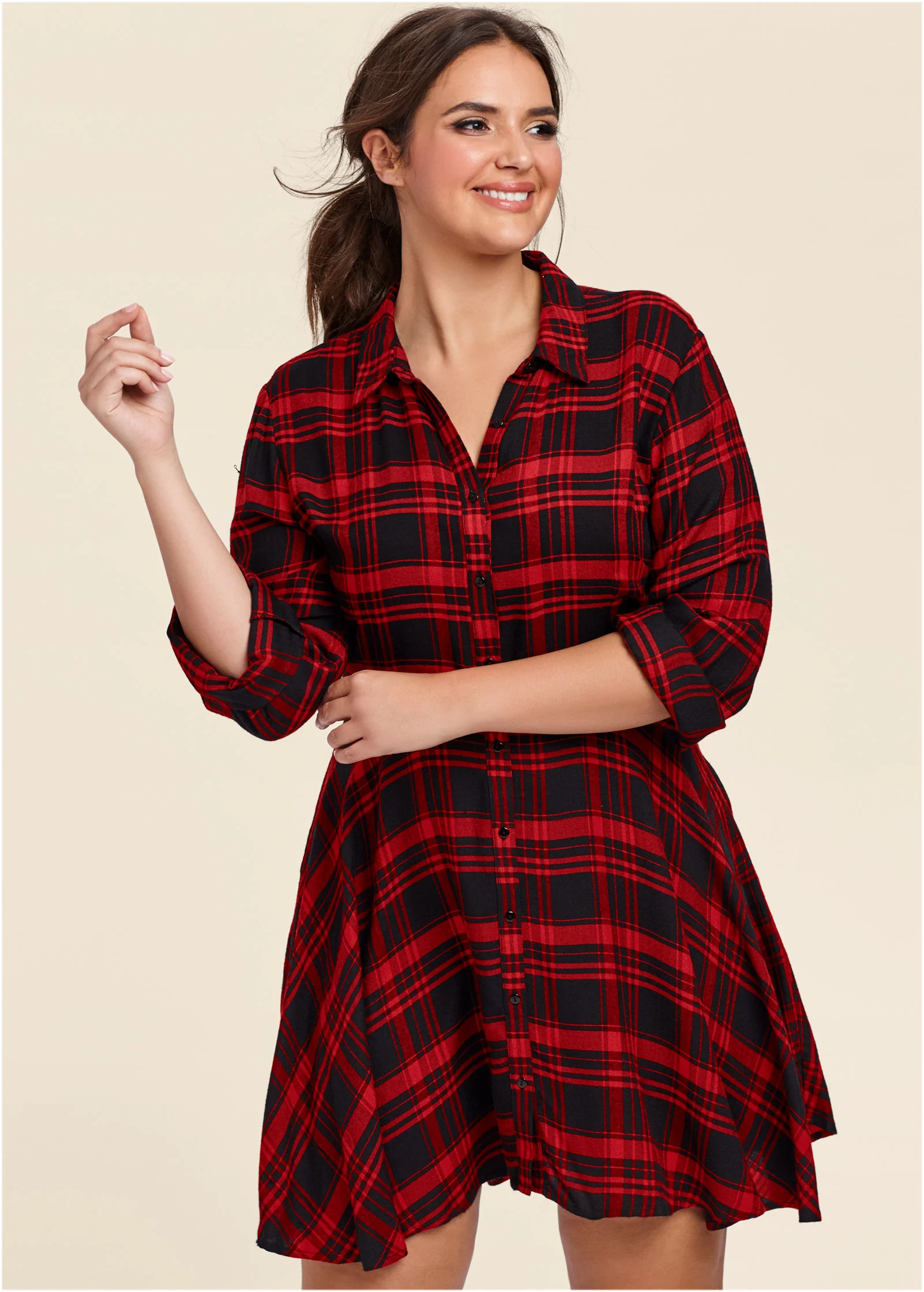 Plaid high low dress - Red Multi