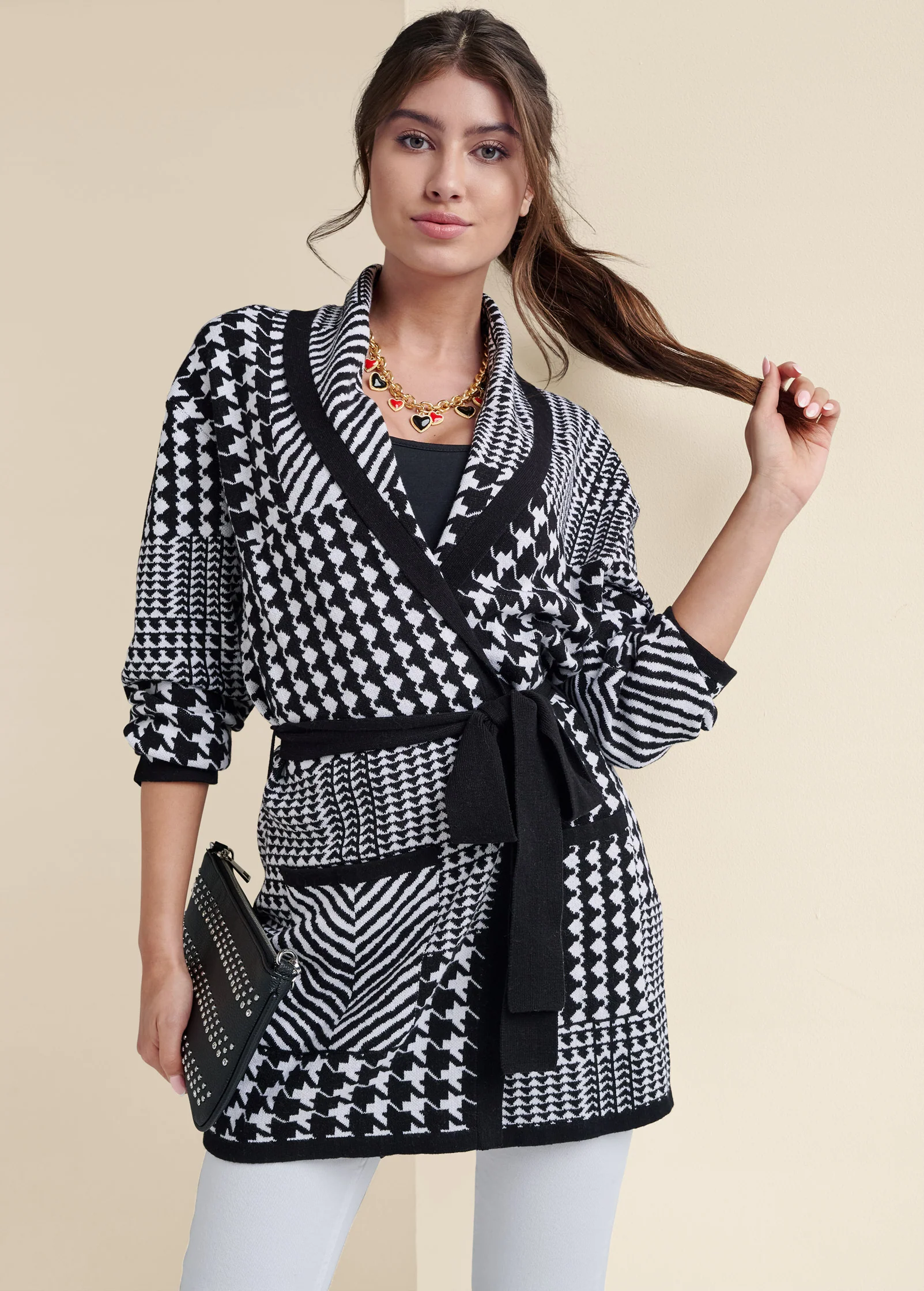 Hounds tooth wrap cardigan - Black & White