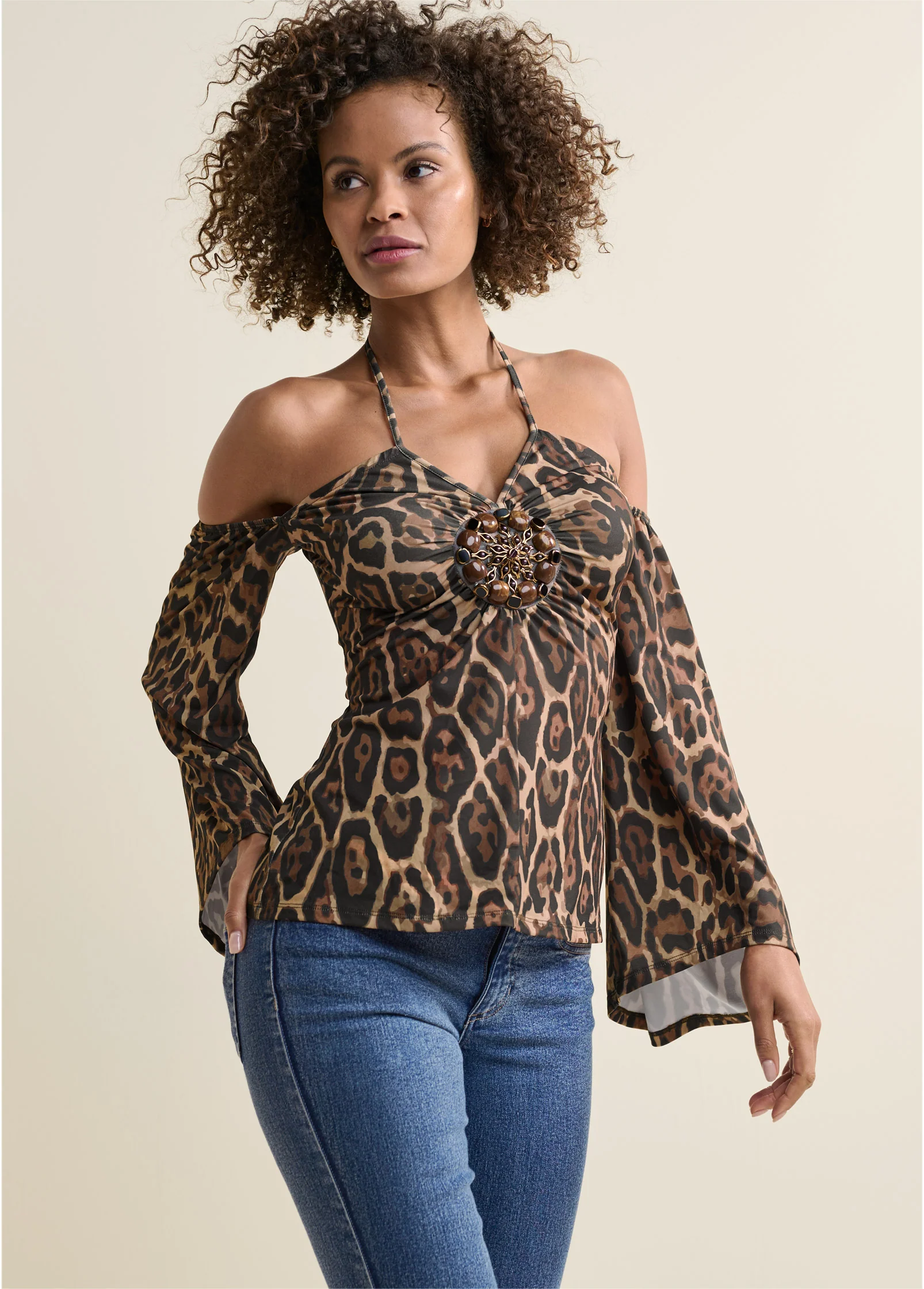 Halter tie animal print top - Brown & Black