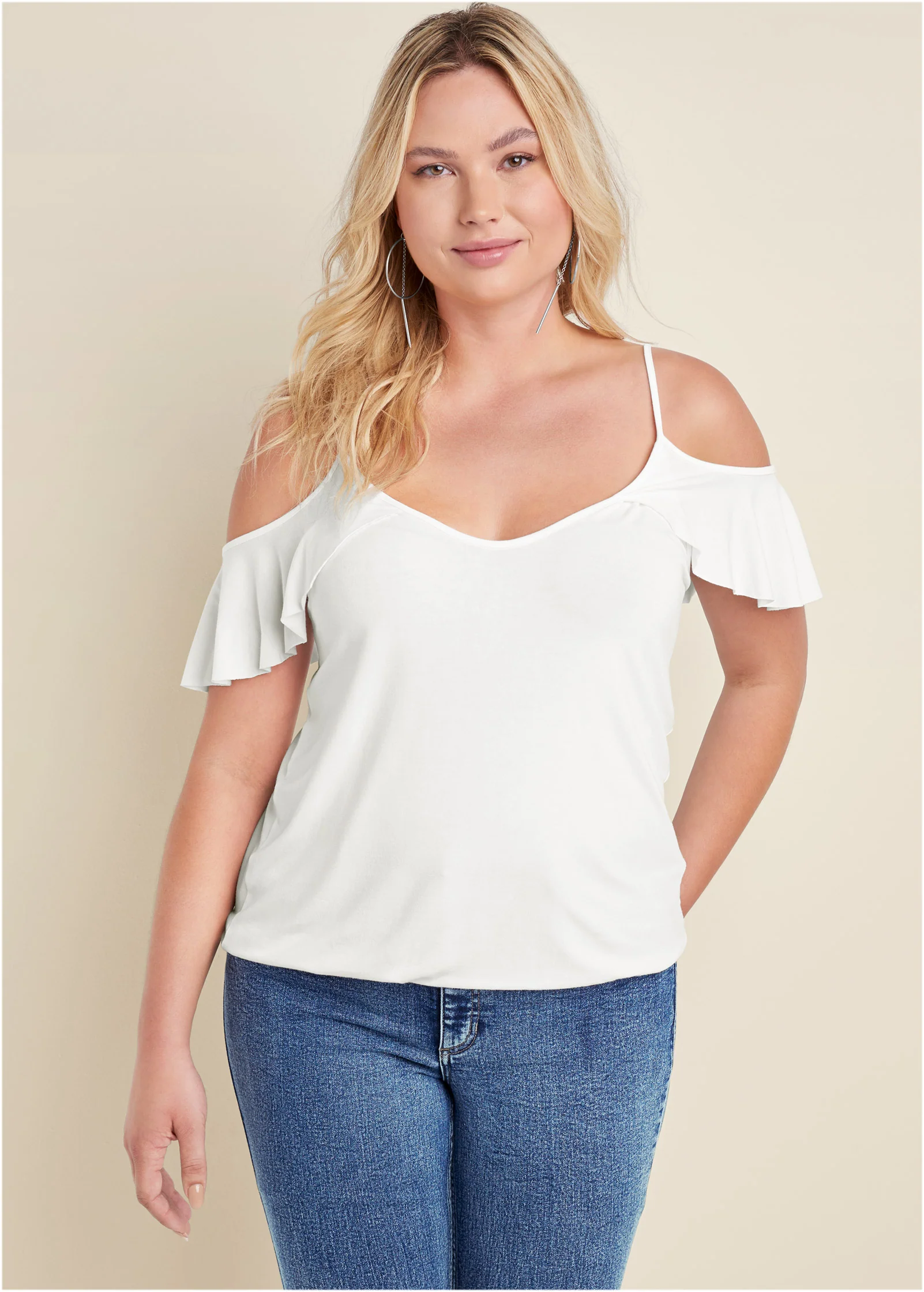Ruffle cold-shoulder top - White