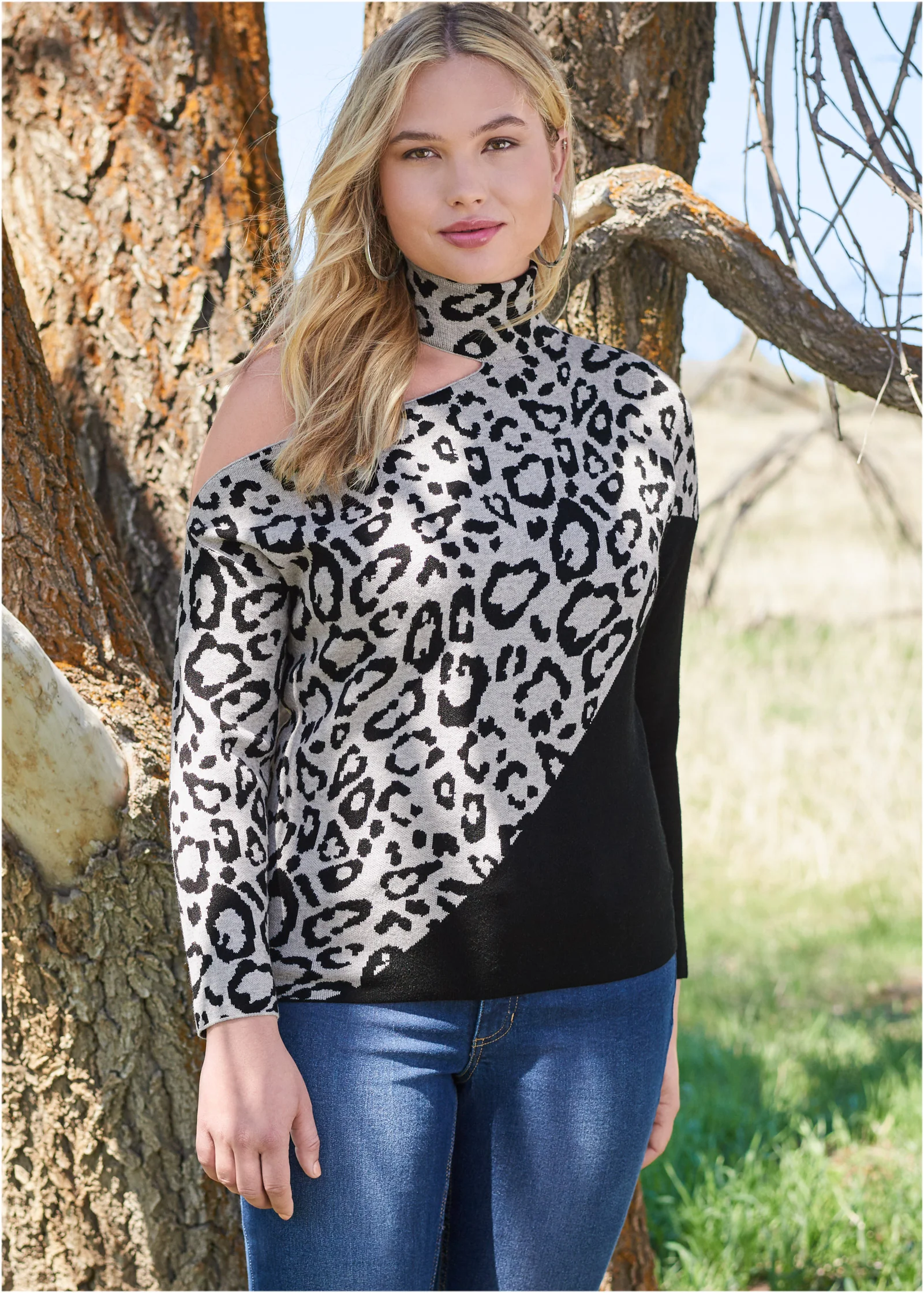 Leoprd print one shoulder sweater - Grey & Black