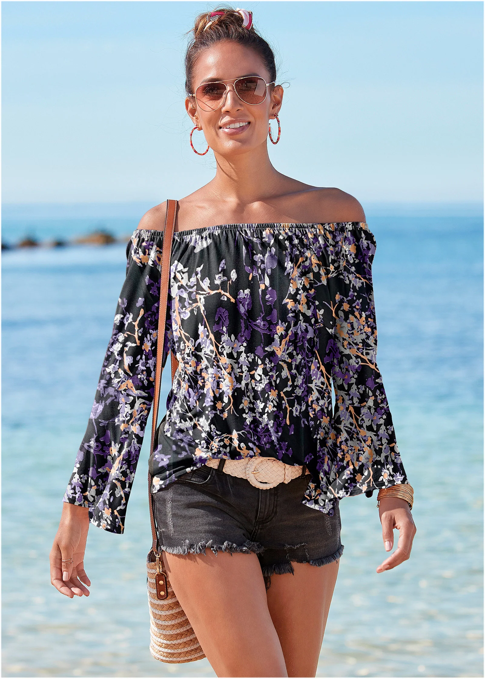 Bell sleeve printed top - Purple Multi