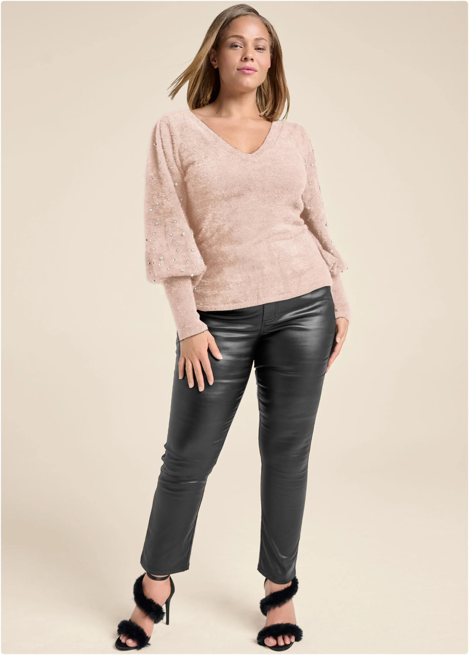 Cozy bubble sleeve sweaters with pearls - Blush