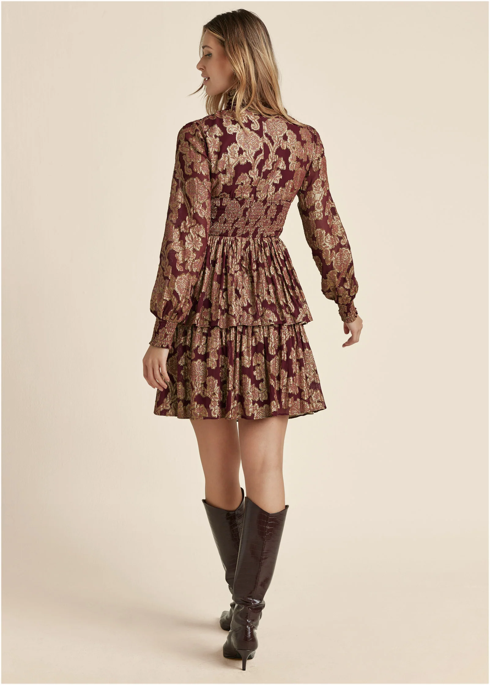 Smocked waist jaquard mini dress - Wine & Gold