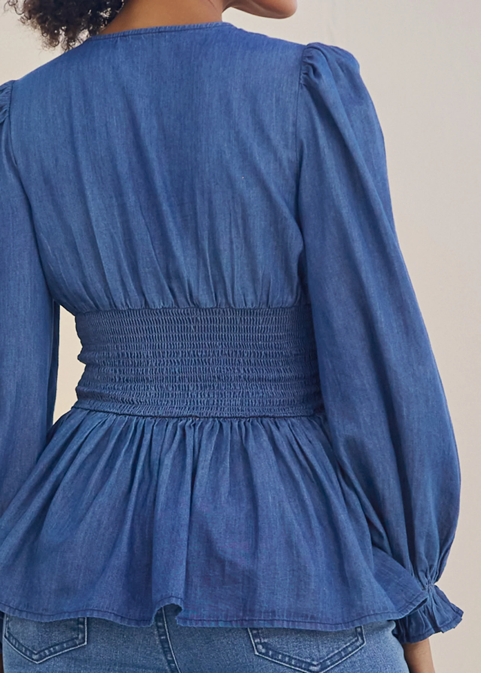 Smocked waist chambray top - Medium Wash