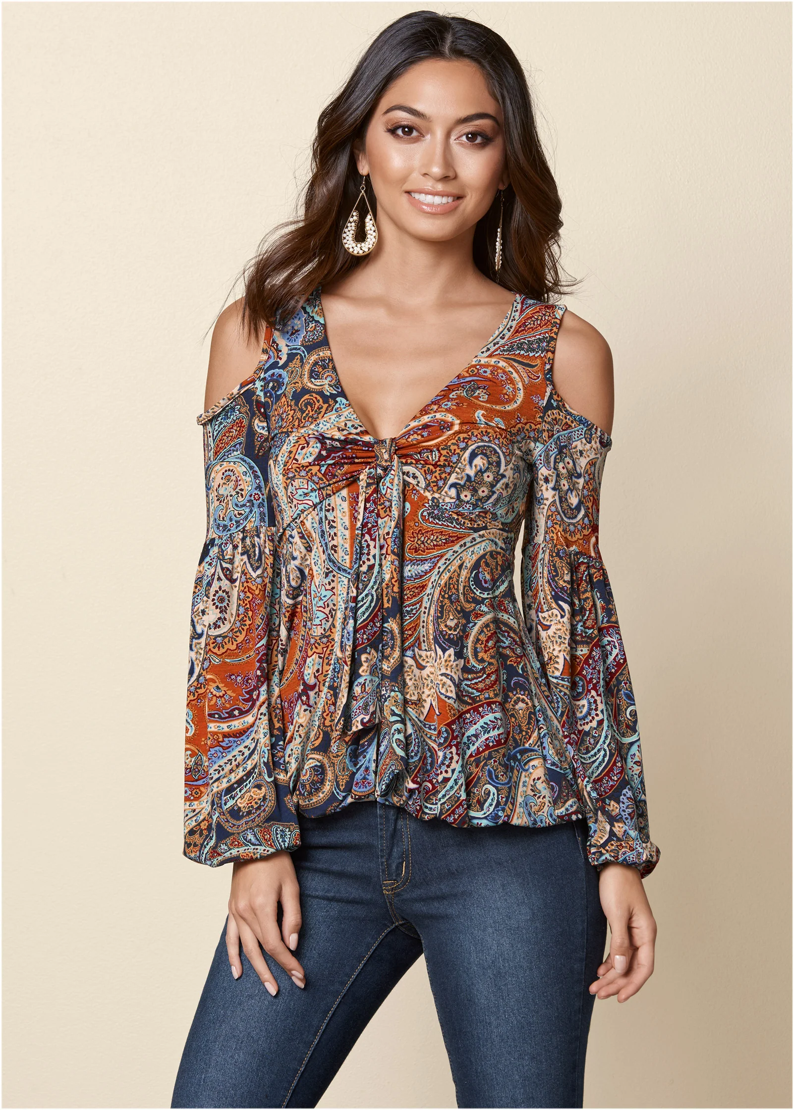 Cold-shoulder paisley top - Orange Multi