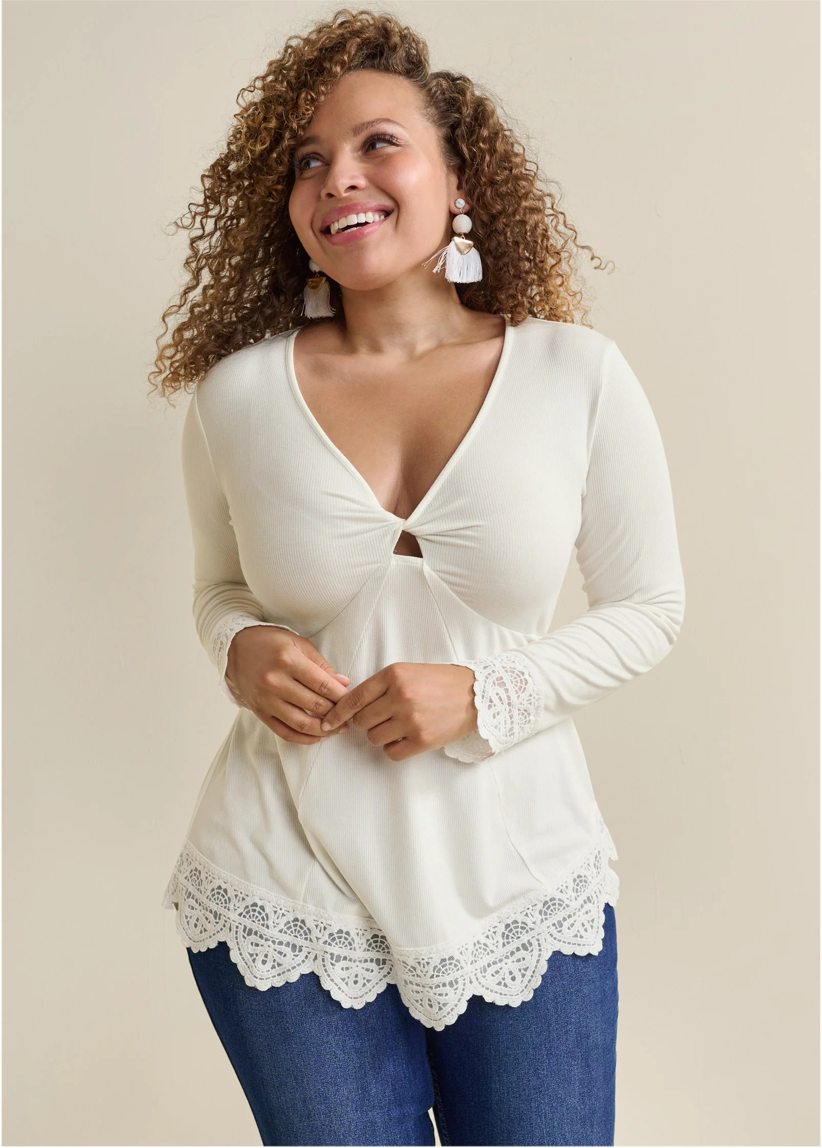 Babydoll lace trim top - Off White