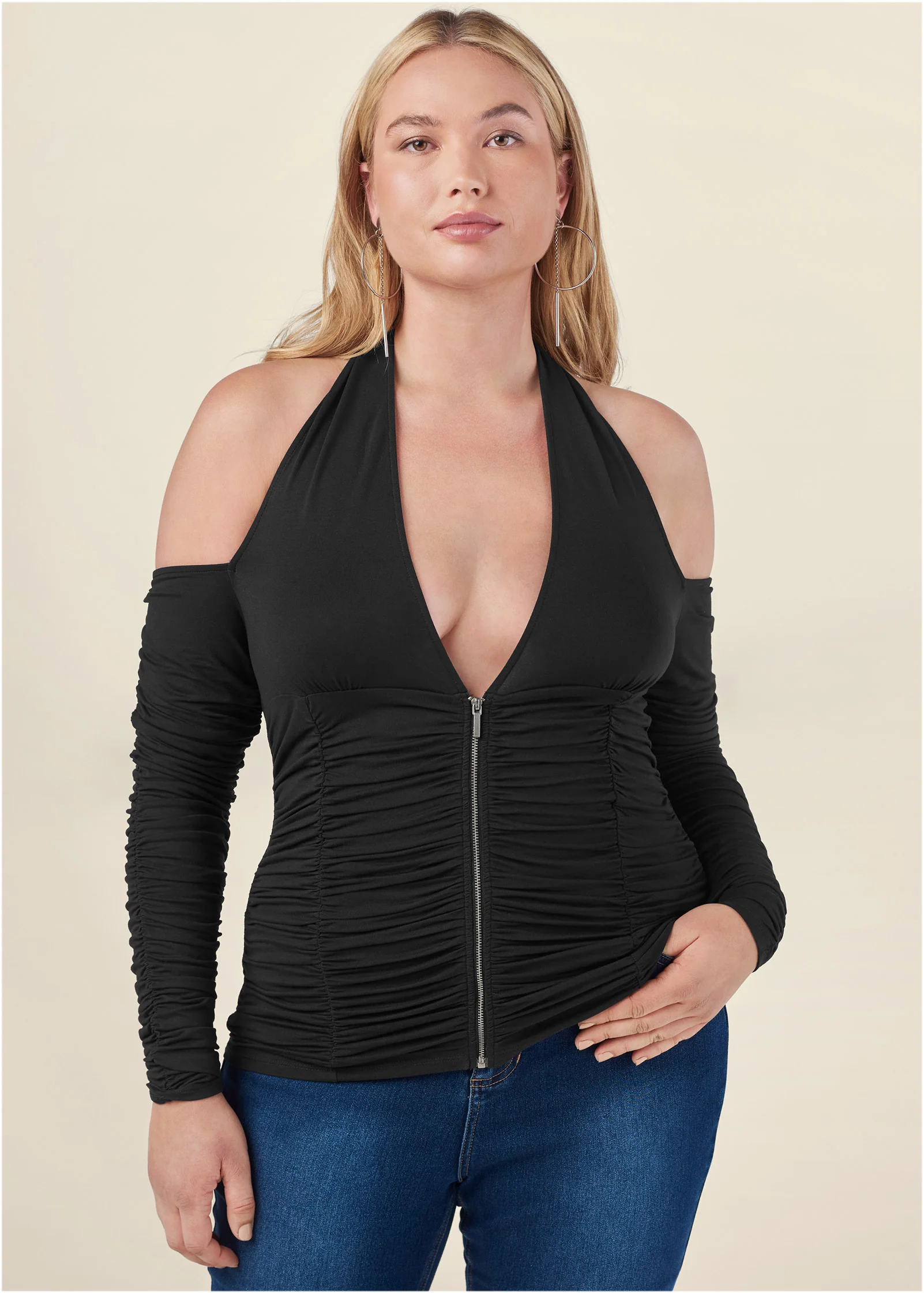 Zip-up ruched V-neck top - Black