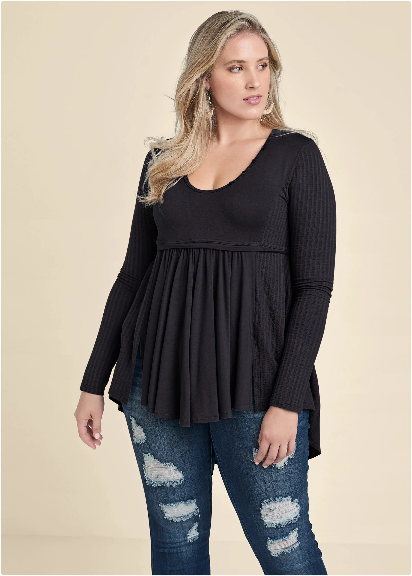 High low ribbed henley casual top - Black